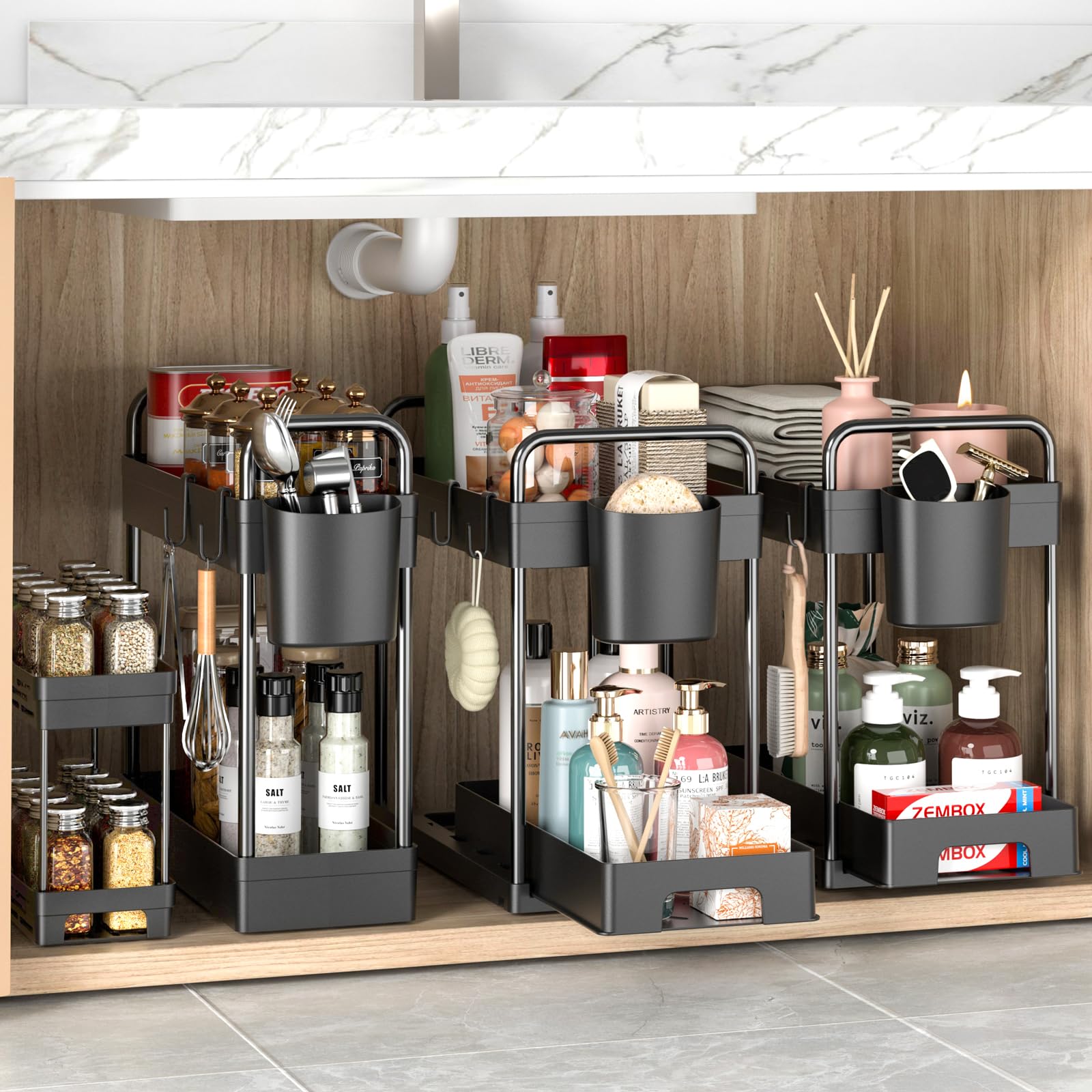 Zizoti 4 Pack Under Sink Organizer And Storage - Stackable 3 Size 2 Tier Bathroom Under The Sink Organizers Multi-Usage Kitchen