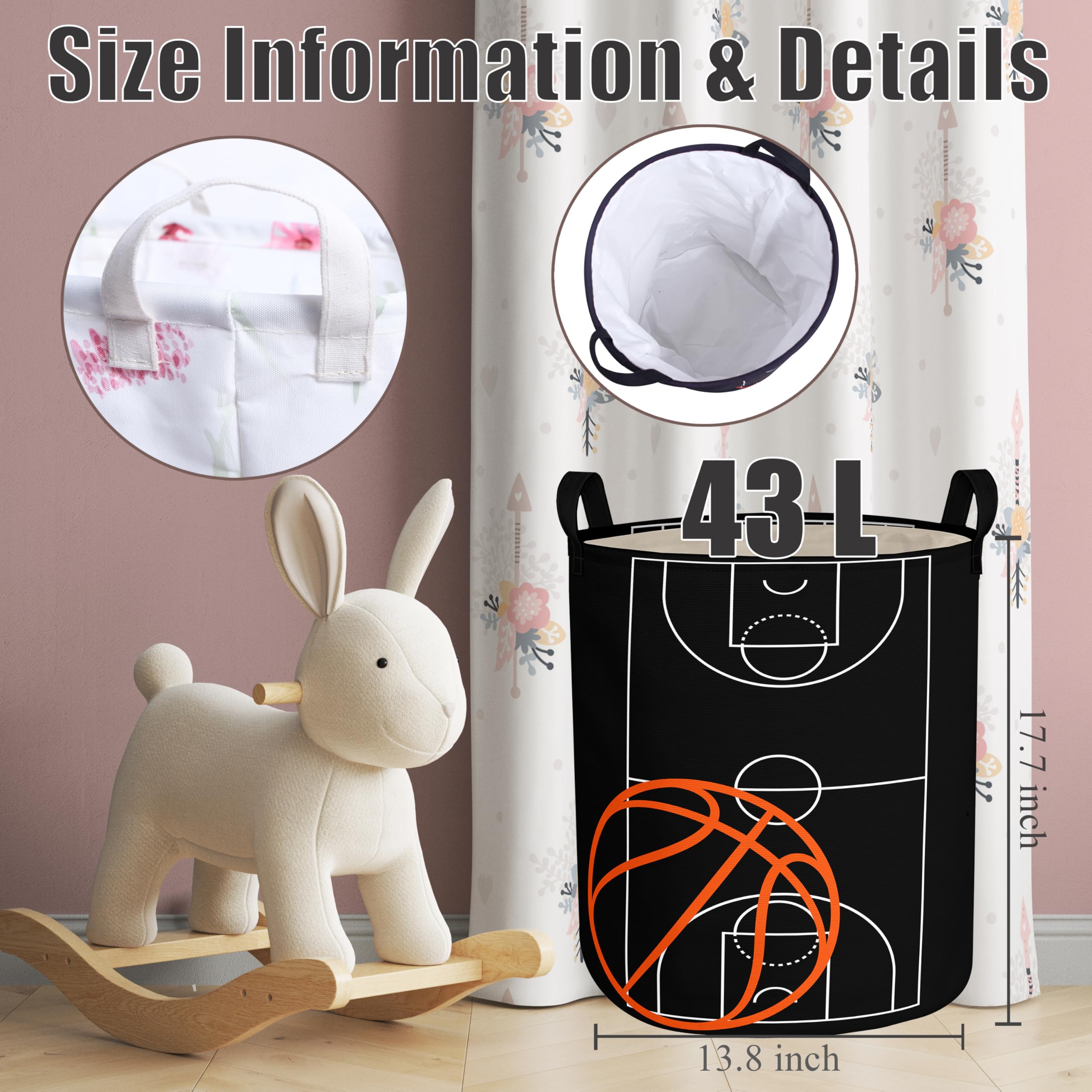 Basketball Kids Laundry Basket With Lining Waterproof Oxford Boys Girls Laundry Hamper Black Ball Clothes Storage Bucket Toy Org