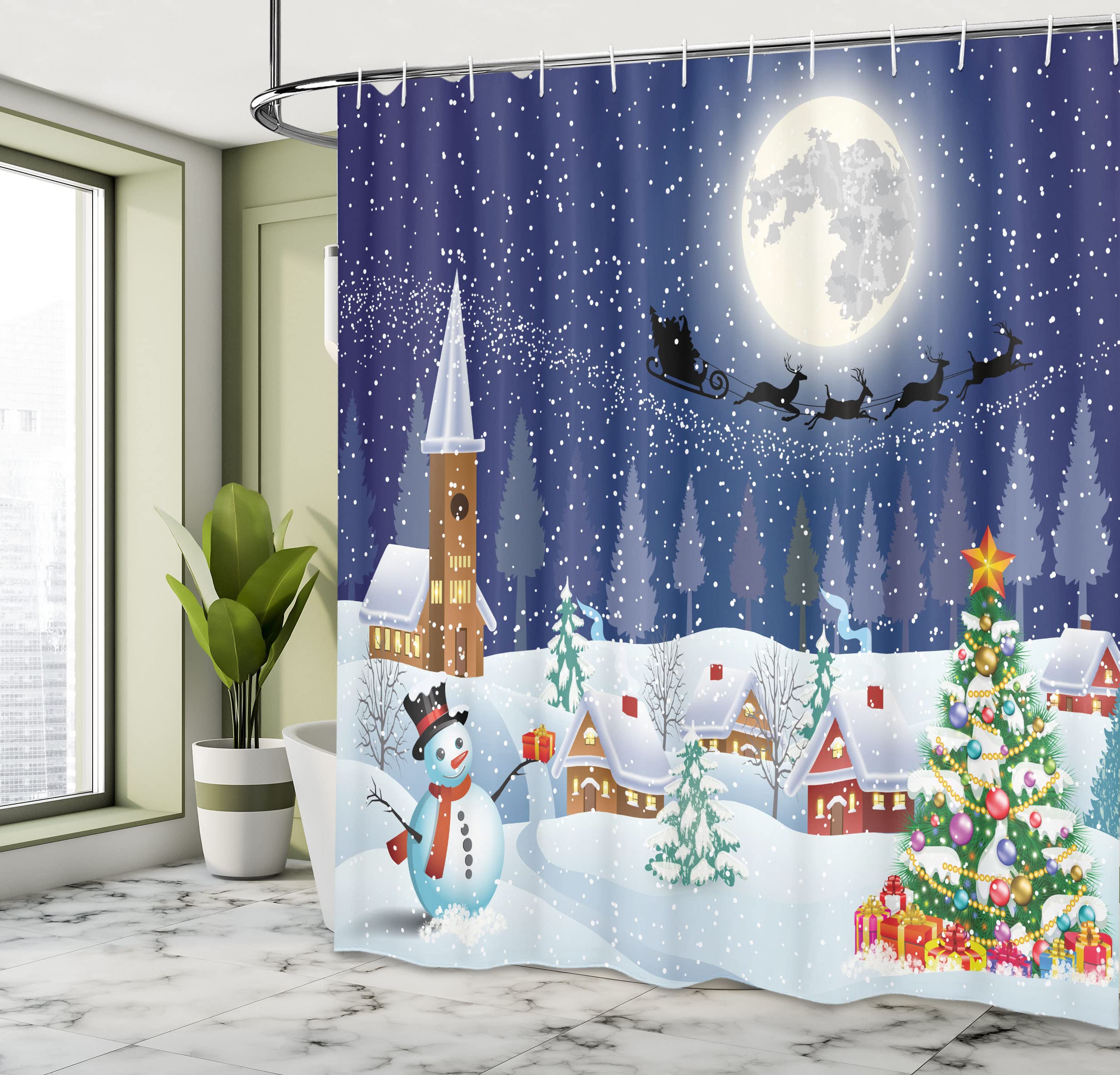 Ambesonne Christmas Shower Curtain, Winter Season Snowman Xmas Tree Santa Sleigh Moon Present Boxes Snow And Stars, Cloth Fabric