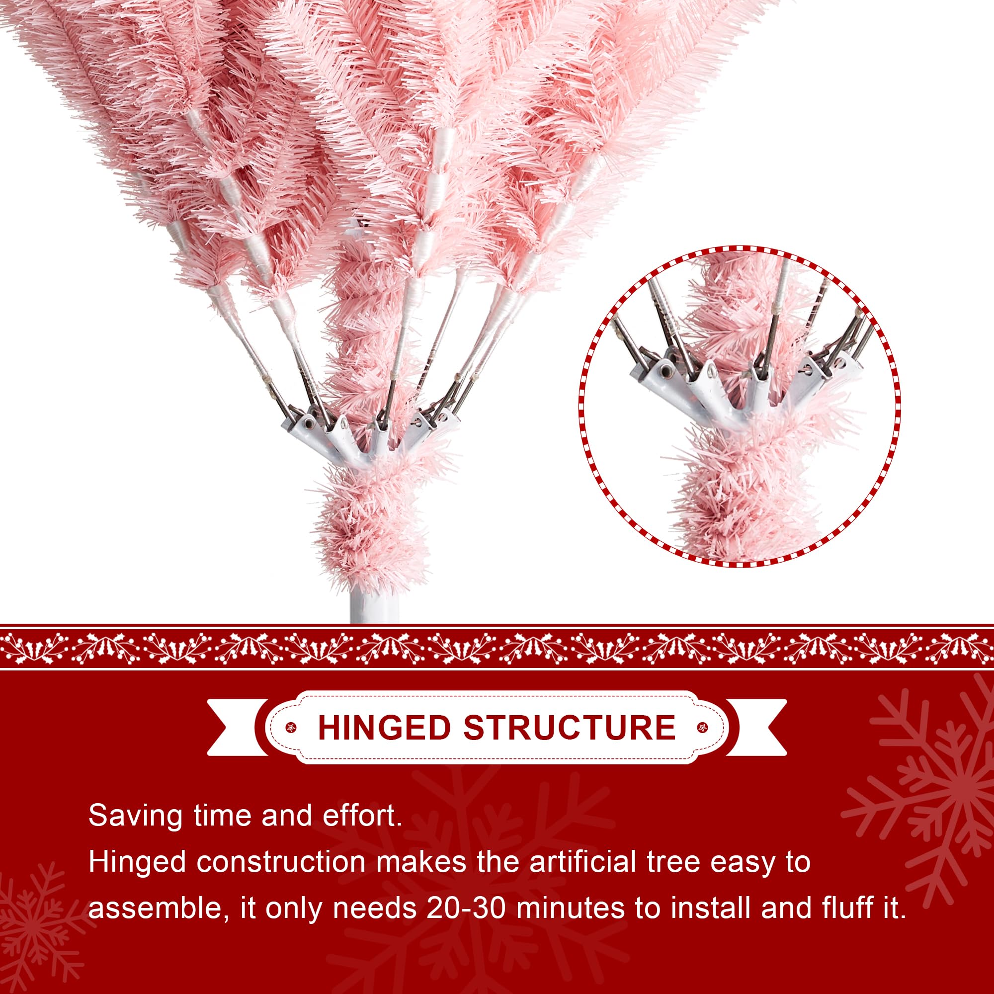 Glitzhome Pencil Tinsel Artificial Christmas Tree, 9ft Pink Christmas Tree with 1860 PVC Branch Tips and Foldable Metal Stand fo