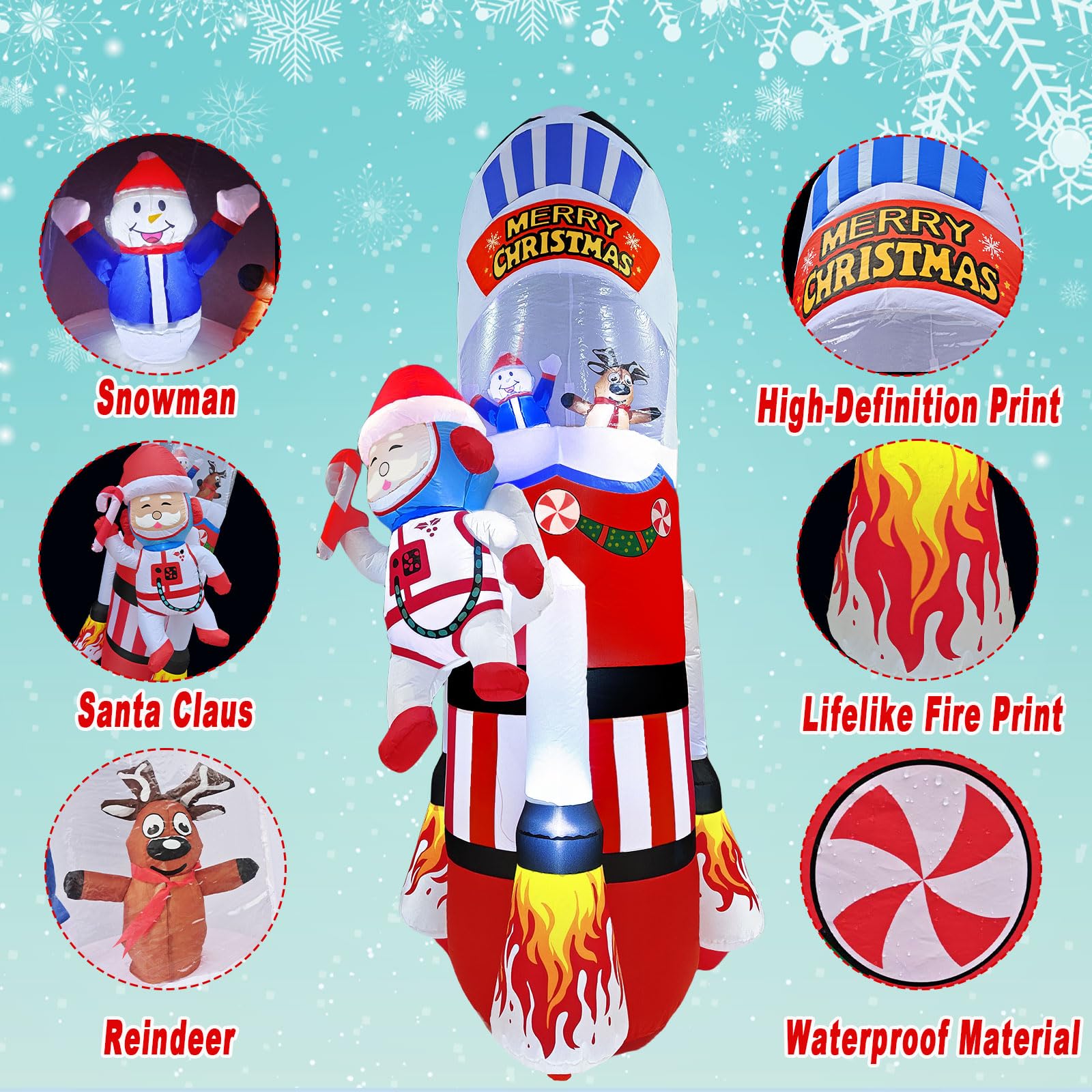 UoVeHoin 8FT Christmas Inflatables Space Outdoor Decorations, Blow Up Santa Claus Snowman Reindeer Rocket Yard Decoration Built-