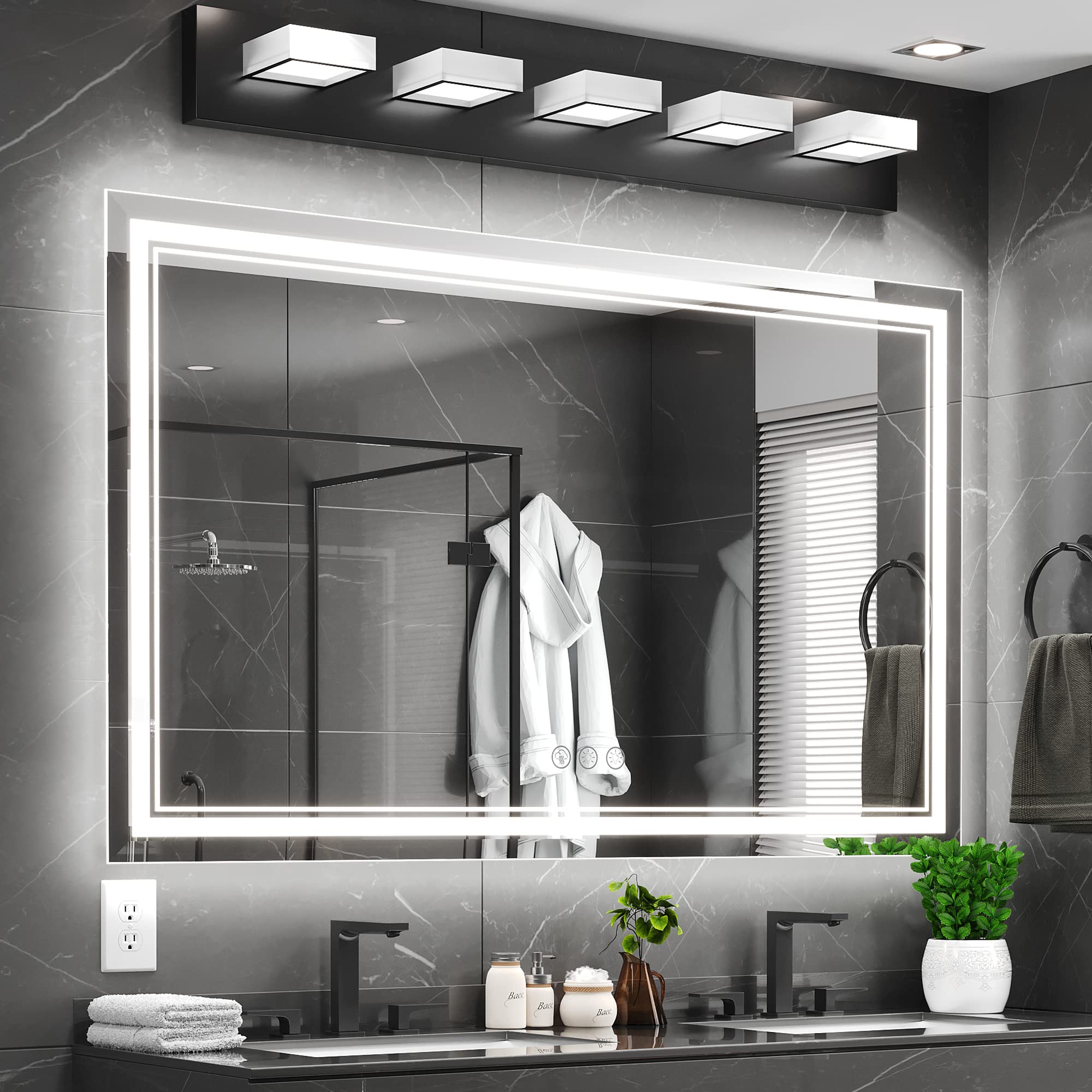 Ratsamee 60X36 Inch Led Mirror For Bathroom With Front Light And Backlit, Dimmable Anti Fog Wall Bathroom Mirror With Led Lights