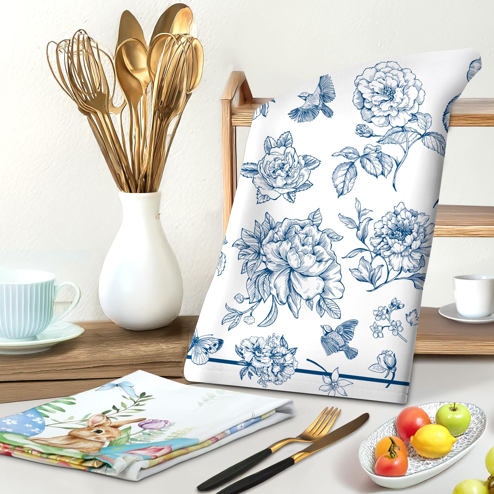 Arquiel Chinoiserie Floral Tea Towels, Cotton Kitchen Towel 18.9    27.5 Inch, Quick Drying Dish Cloth For Party Anniversary Hol