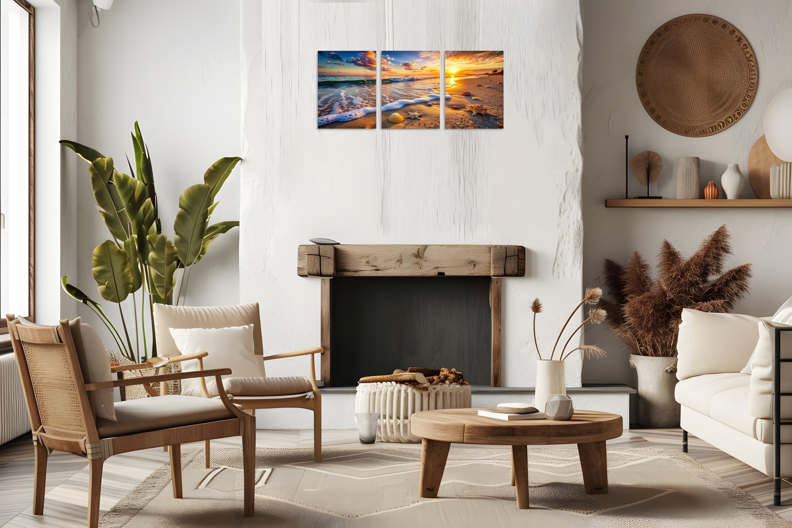 Tutubeer 3 Panels Beach Picture Beach Wall Art Blue Sea Sunset White Beach With Starfish Beach Canvas Print On Canvas Seascape T