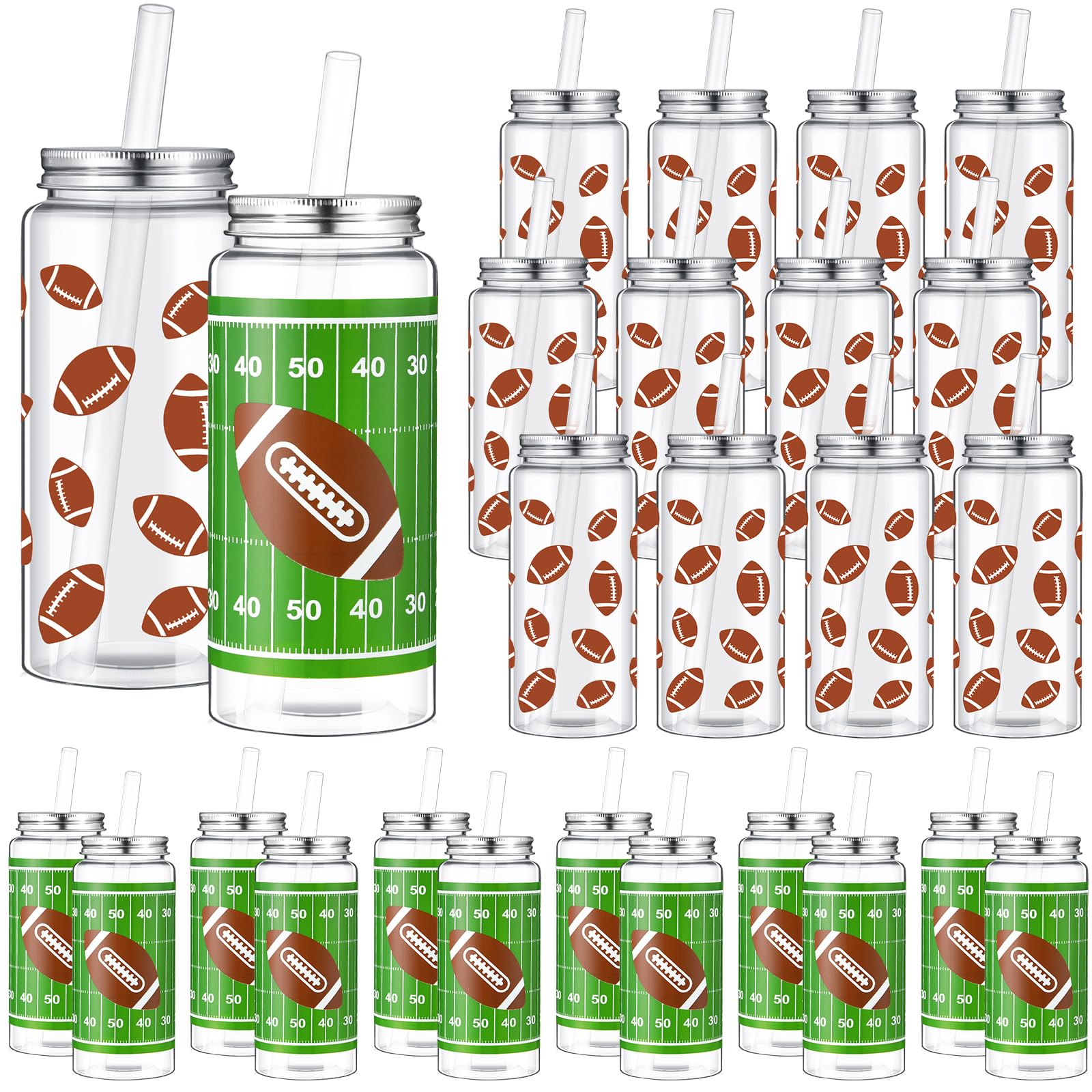 Maxdot 24 Pack 14.2 OZ Football Plastic Cups with Lid and Straw Bulk Football Cup with Lid and Straw Clear Reusable Plastic Juic