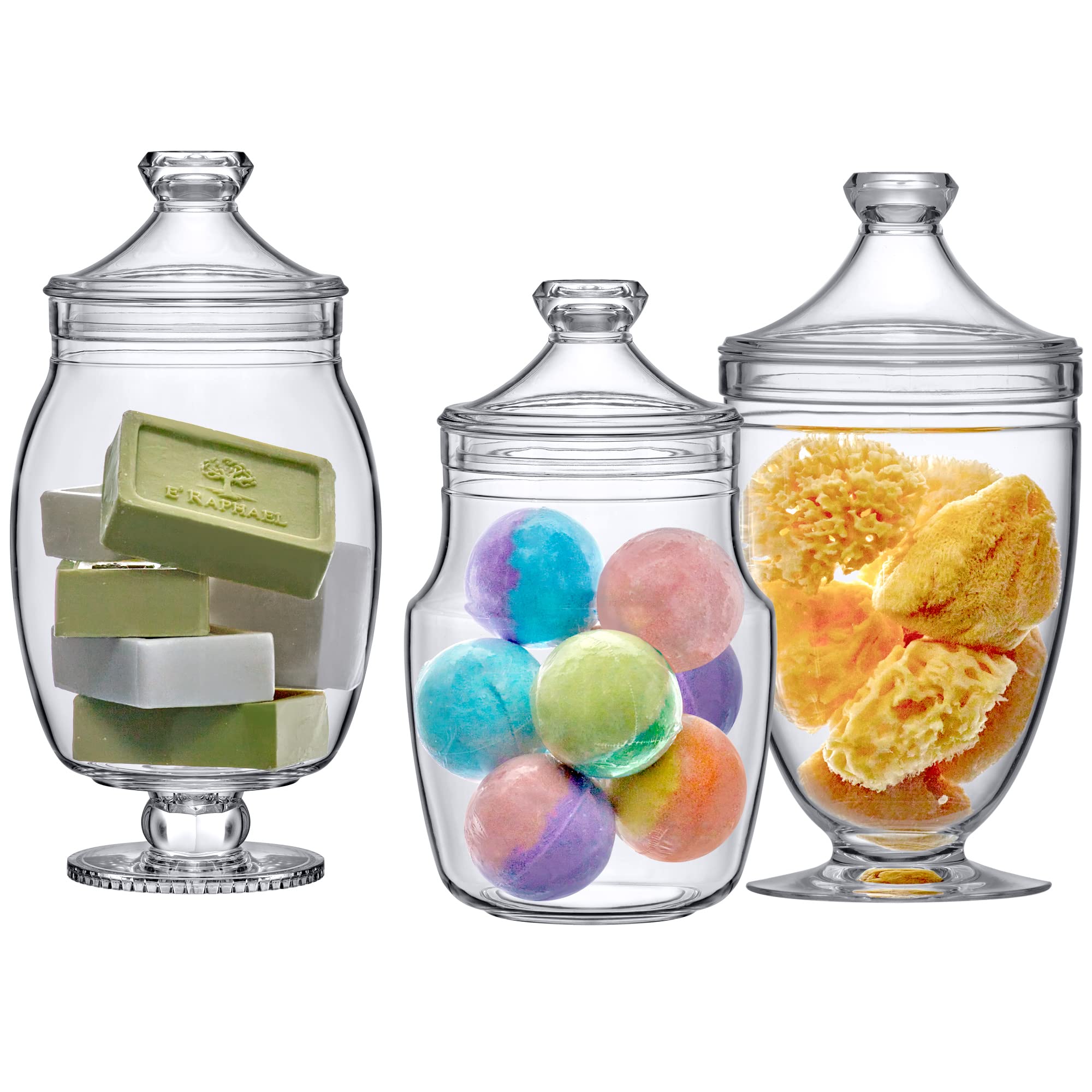 Amazing Abby - Keep - Acrylic Apothecary Jars (3-Piece Set)  Plastic Jars with Lids  Bathroom Canisters  Vanity Organizers  Candy Buffet  Wedding Display  BPA-Free and Shatter-Proof