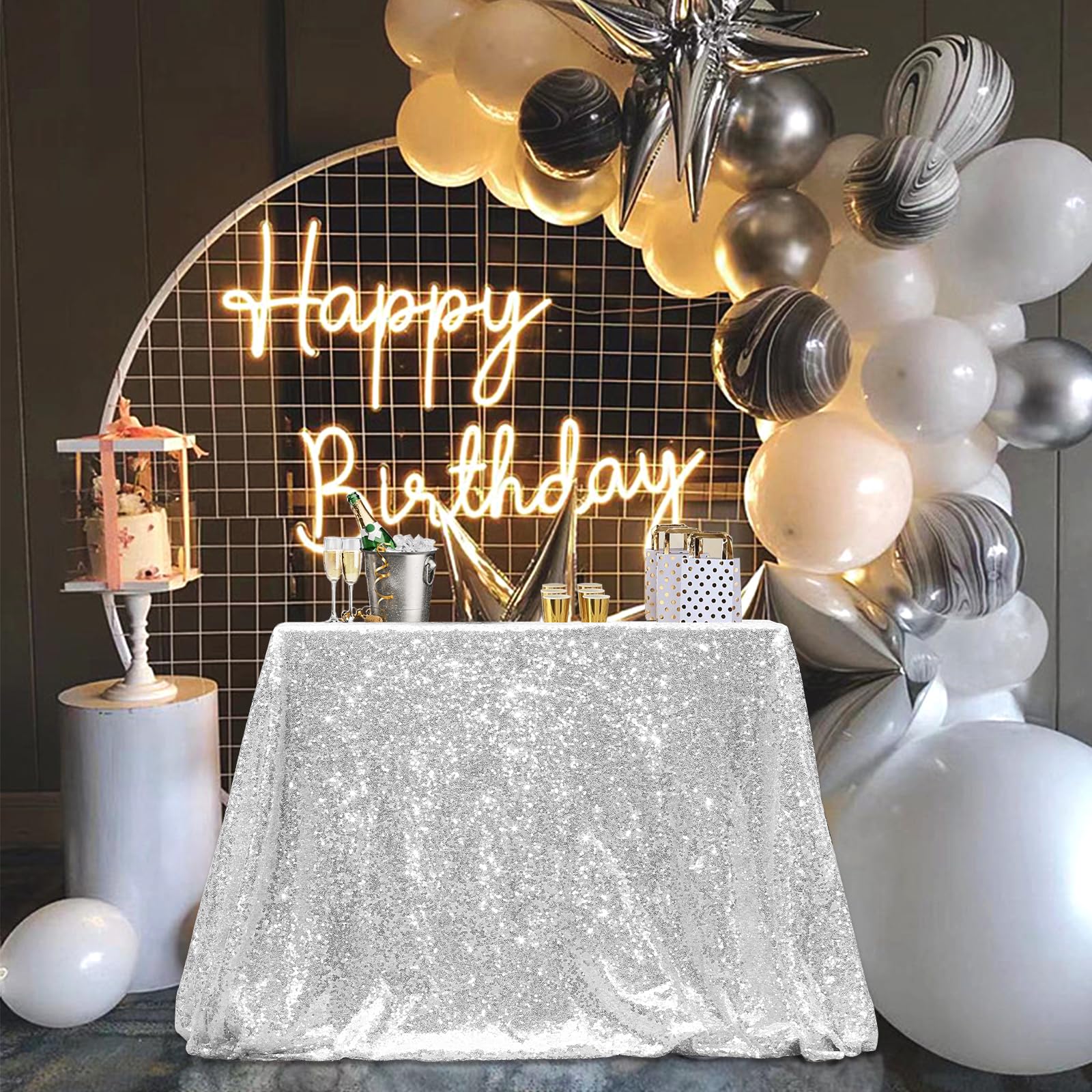 PartyDelight Silver Sequin Tablecloth Square Sparkly Table Cloth Overlay 90x 90