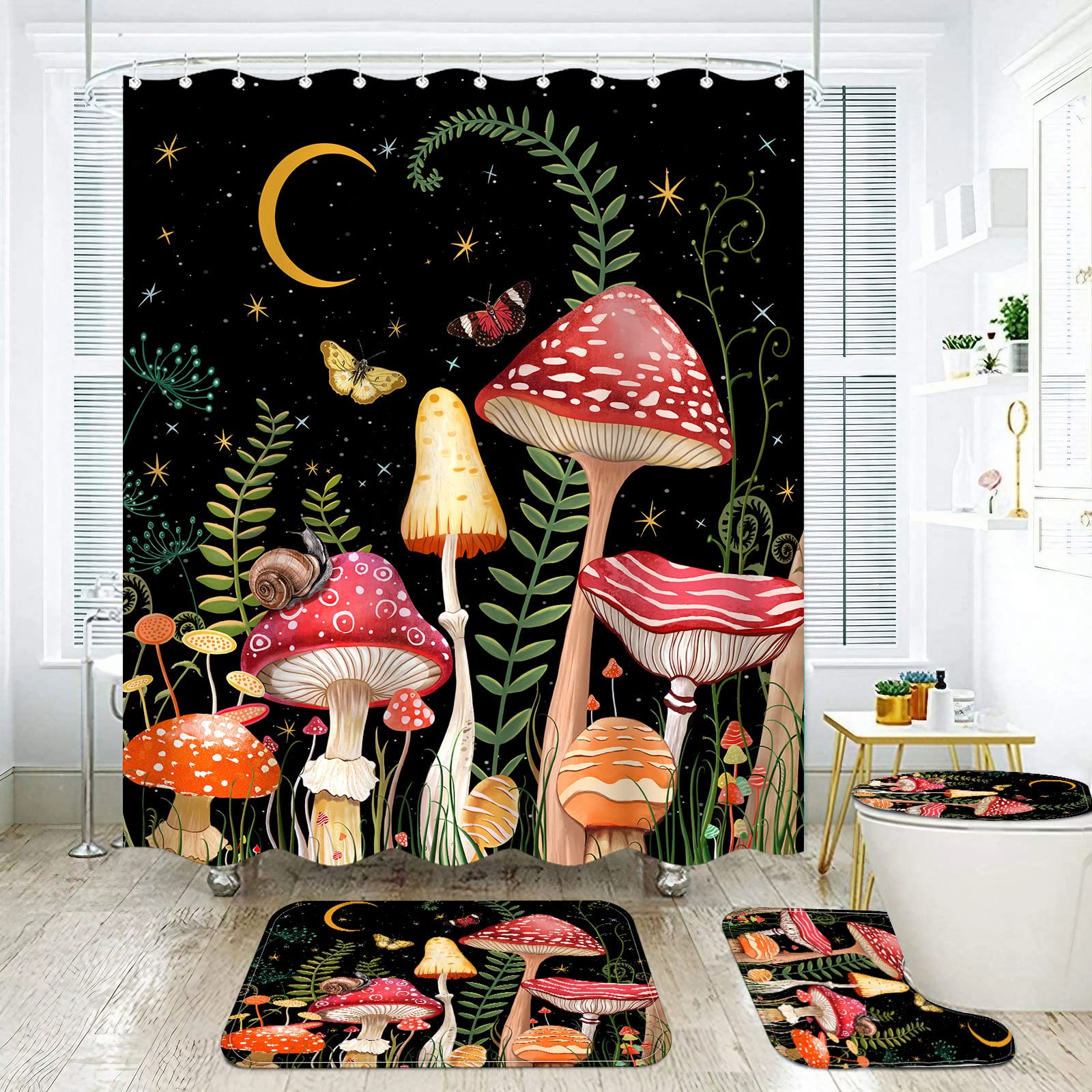 Fungarth 4 Pcs Mushroom Shower Curtain Set With Rug Black Red Floral Bathroom Sets With Waterproof Fabric Shower Curtain And Non