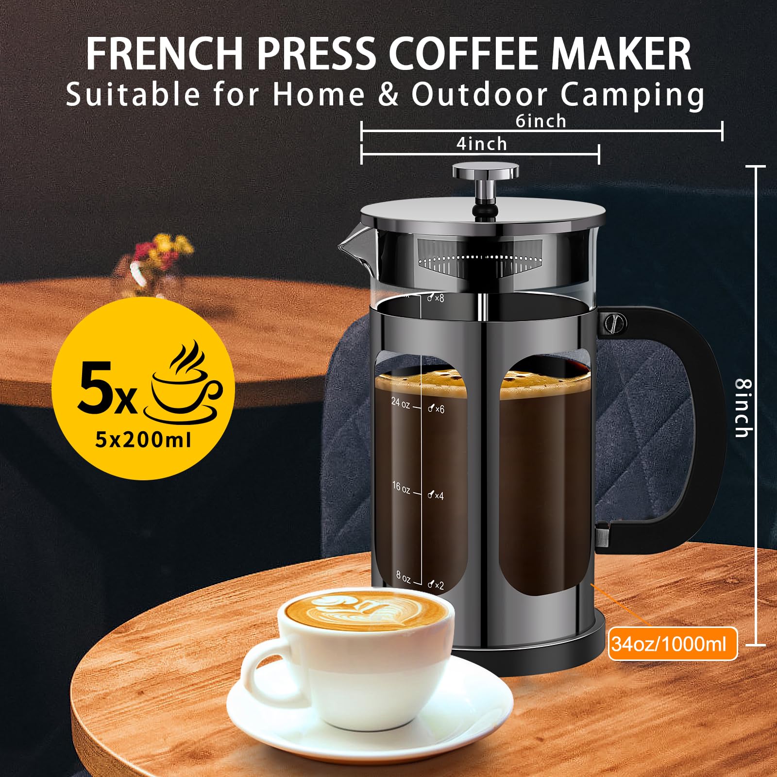 Ymmind French Press Coffee Maker (34Oz 1Quart 5-6Cup) Coffee Press, With 4 Filters System, Heat Resistant Thickness Borosilicate