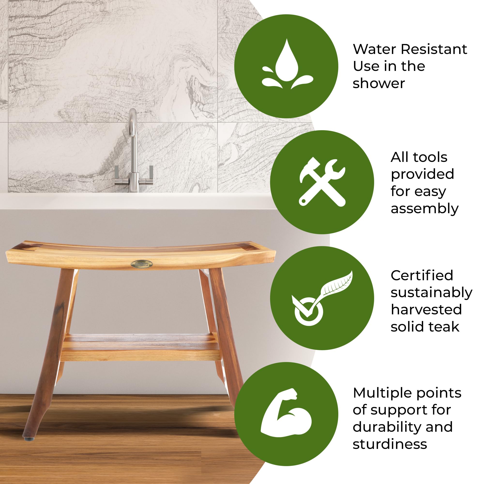 Ecodecors, Satori, 24'', Teak Shower Bench, Wooden Bench, Teak Shower Stool, Bathroom Bench, Teak Bathroom Bench, Shower Bench T