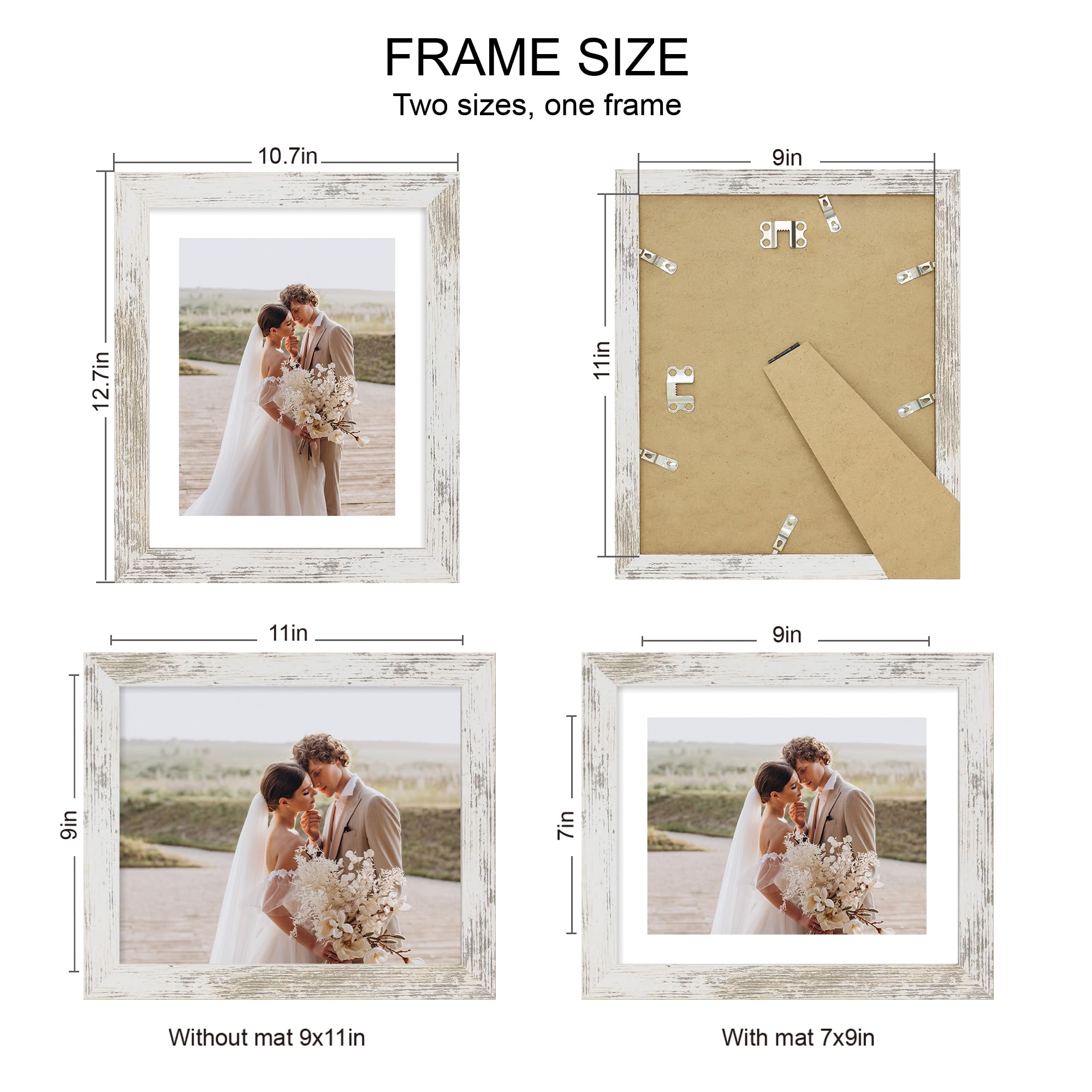 Hongkee 9x11 Picture Frame Set of 4, Made of Real Glass and Distressed White Frame - Display Picture 7x9 with Mat or 9x11 Withou