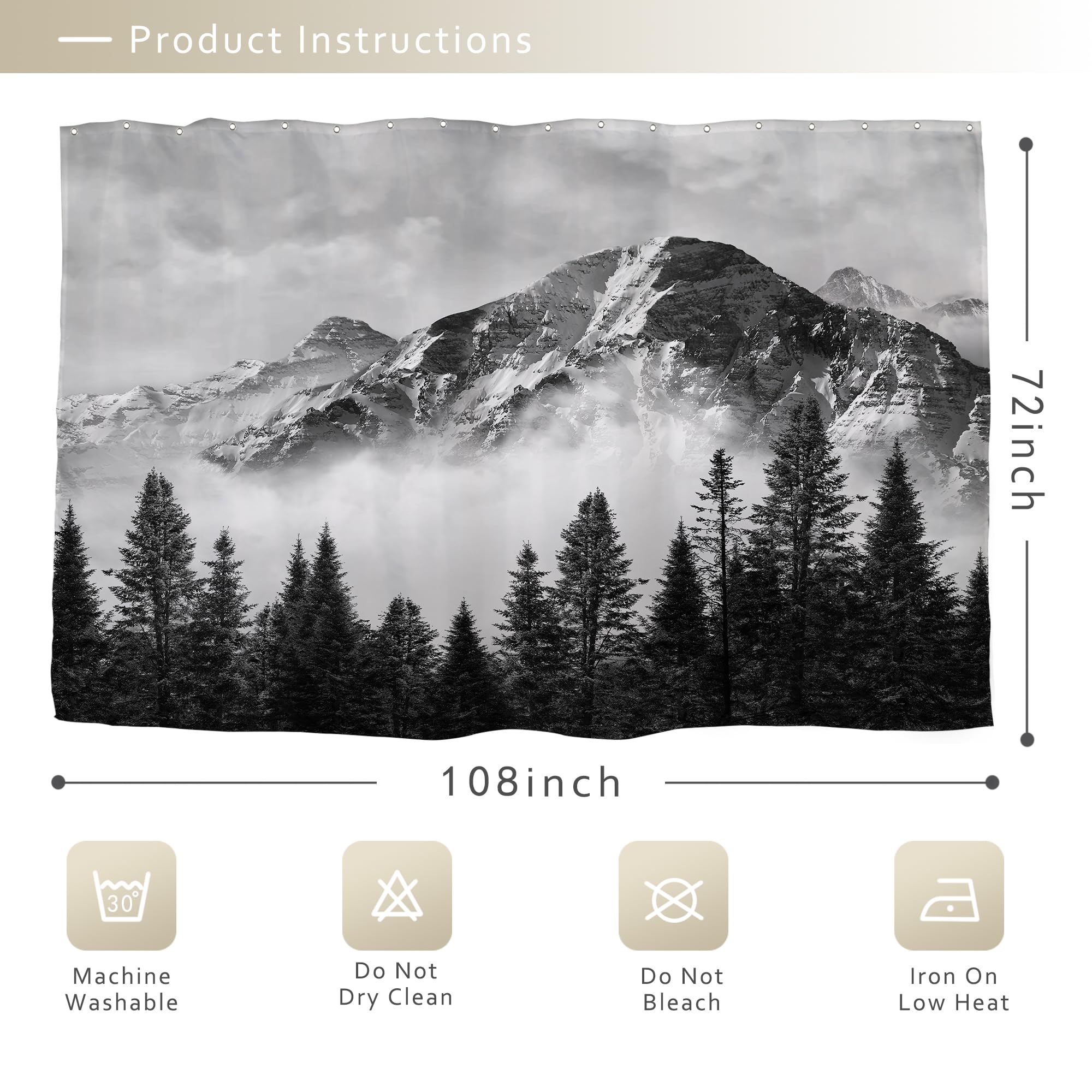 Riyidecor Extra Wide Misty Forest Mountain Clawfoot Tub Shower Curtain 108Wx72H Inch 19 Pack Foggy Tree Metal Hooks Foggy Smokey Scenery Home Decor Forest Tree Outdoor Photo Decor Fabric RY-WHRV