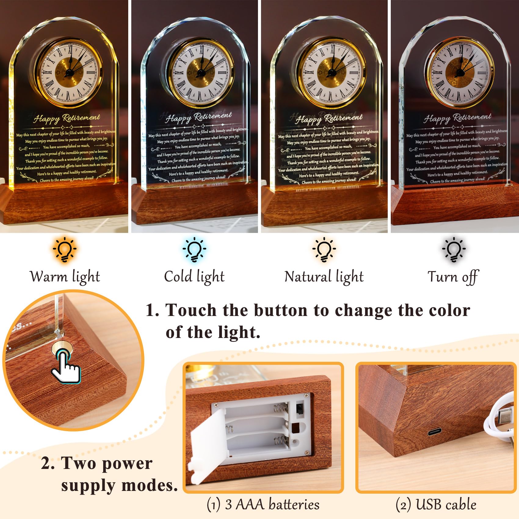 YWHL Retirement Clock Gifts for Women Men with Wooden Light Base, Happy Retirement Glass Plaque for Coworkers Boss, Going Away R