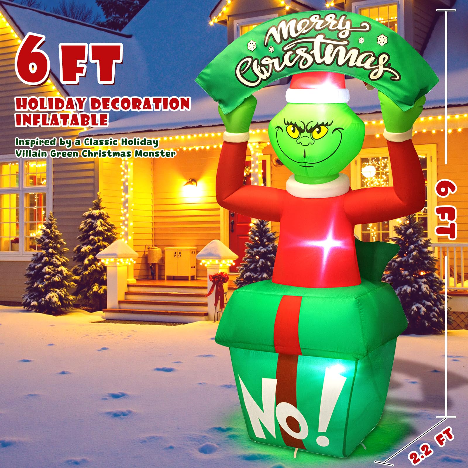 6FT Christmas Inflatable Outdoor Decoration, Funny Green Monster in Gift Box Holding Merry Christmas Sign, Built-in 3 LED Lights