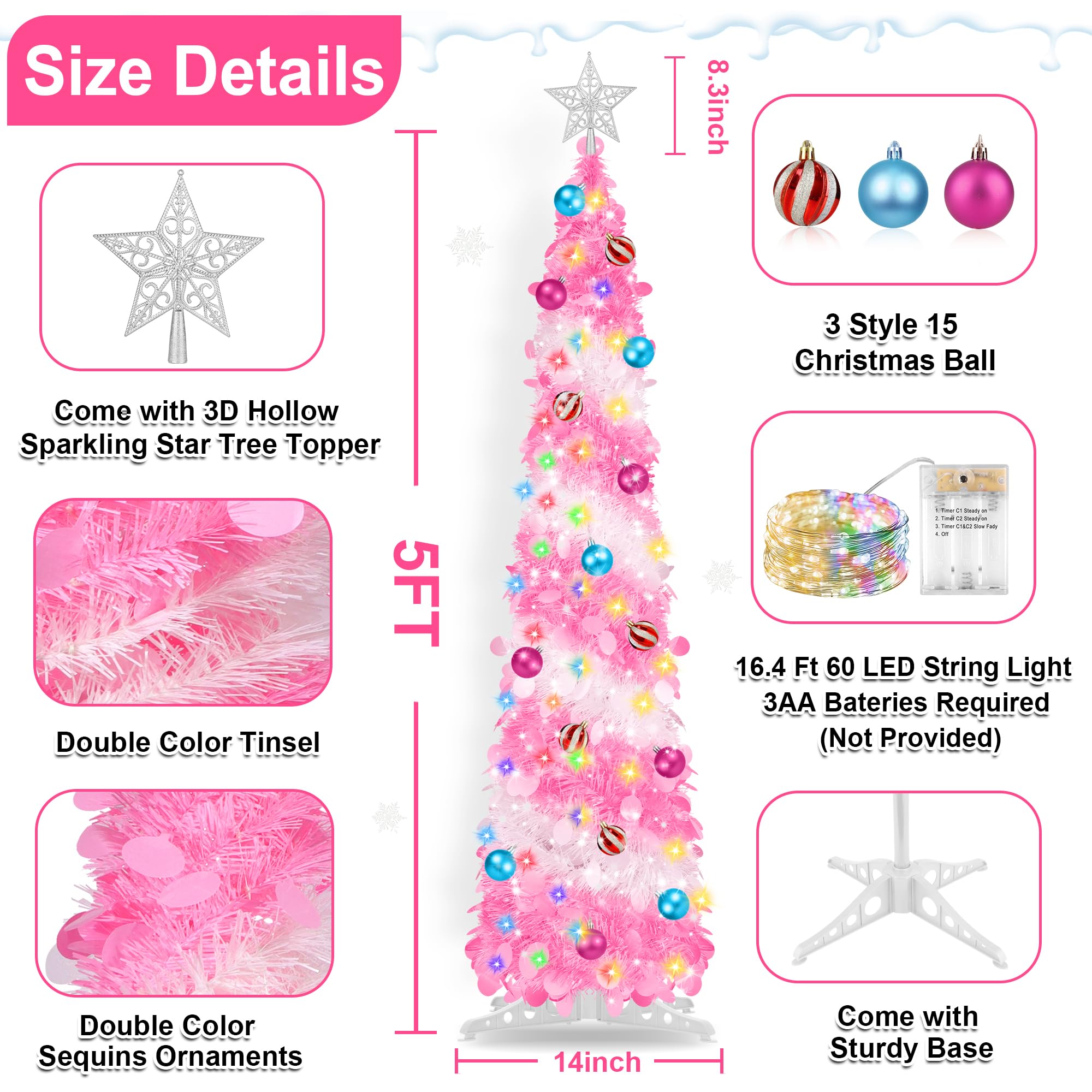 5FT Pop Up Christmas Tree with Timer 60 Warm White & Multi Color Fairy Light 3D Star 15 Ball Ornament, Pink White Tinsel Christm