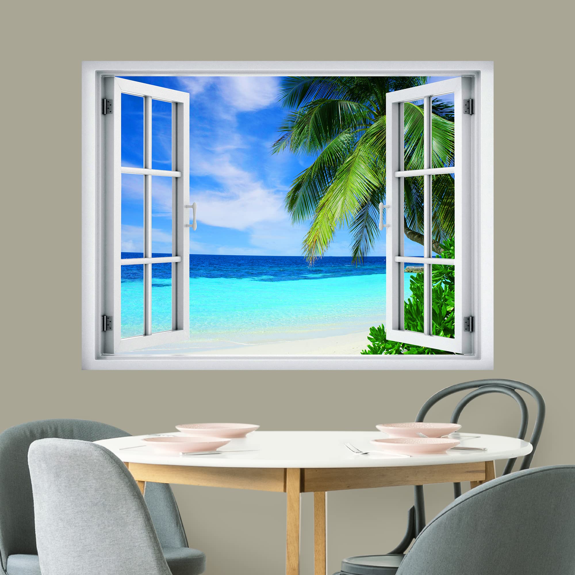 wall26 Removable Wall Sticker/Wall Mural Window View Vibrant Neon Blue Teal Tropical Ocean Beach Nature Wilderness Photography Realism Landscape Multicolor for Living Room  Bedroom  Office - 36''x48''