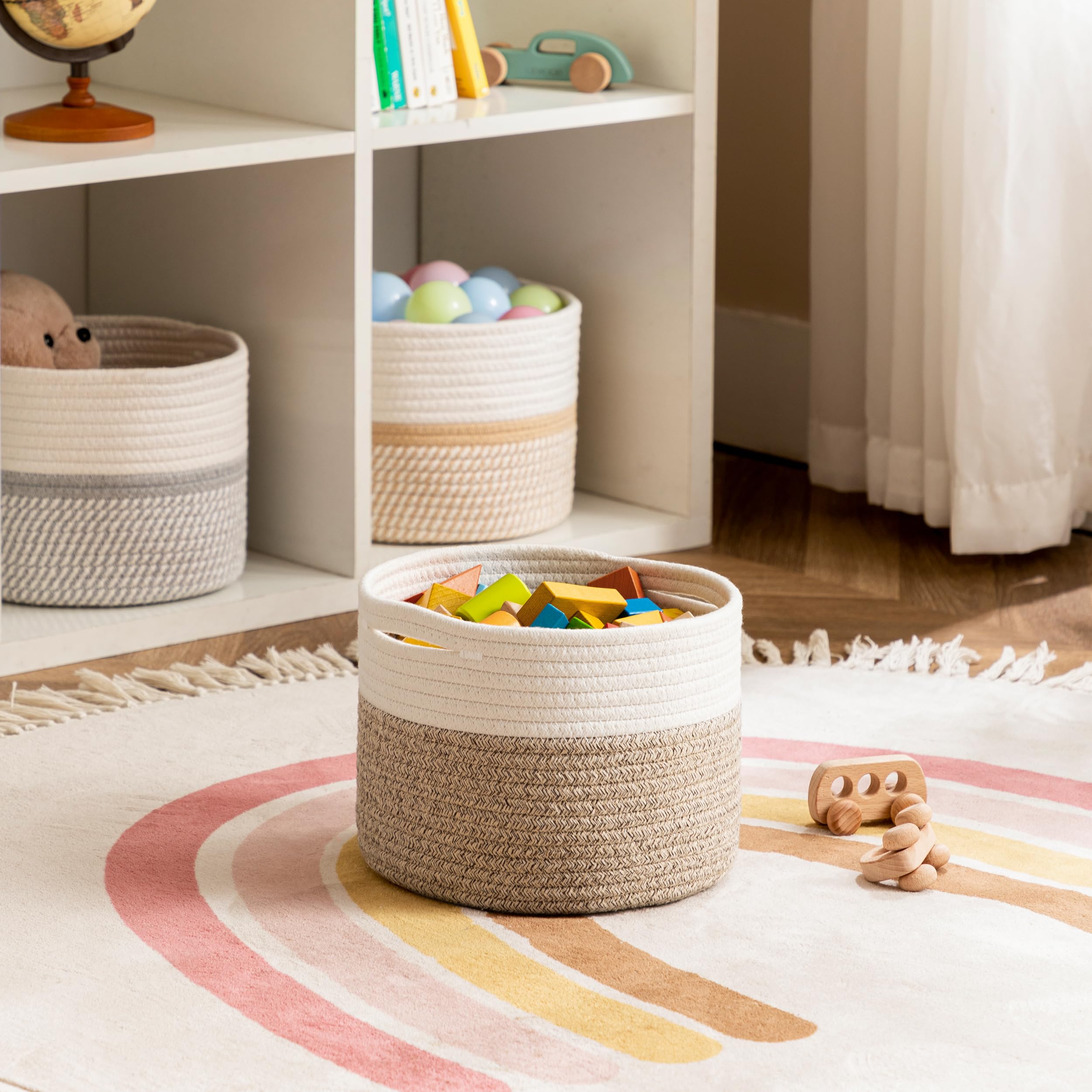 Ubbcare Small Basket For Organizing, Round Woven Basket With Handles, Small Storage Basket For Decor, Beige & Brown Cotton Rope