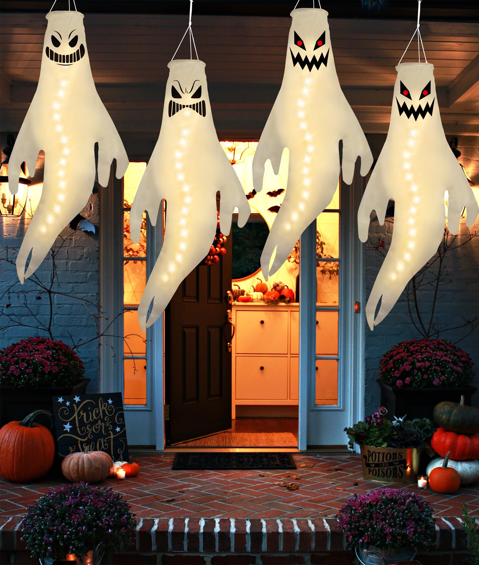 Geefuun 4PCS Warm Light Halloween Fierce Ghost Windsocks Hanging Decorations - 43 Inch Flag Wind Socks for Home Yard Outdoor Dec