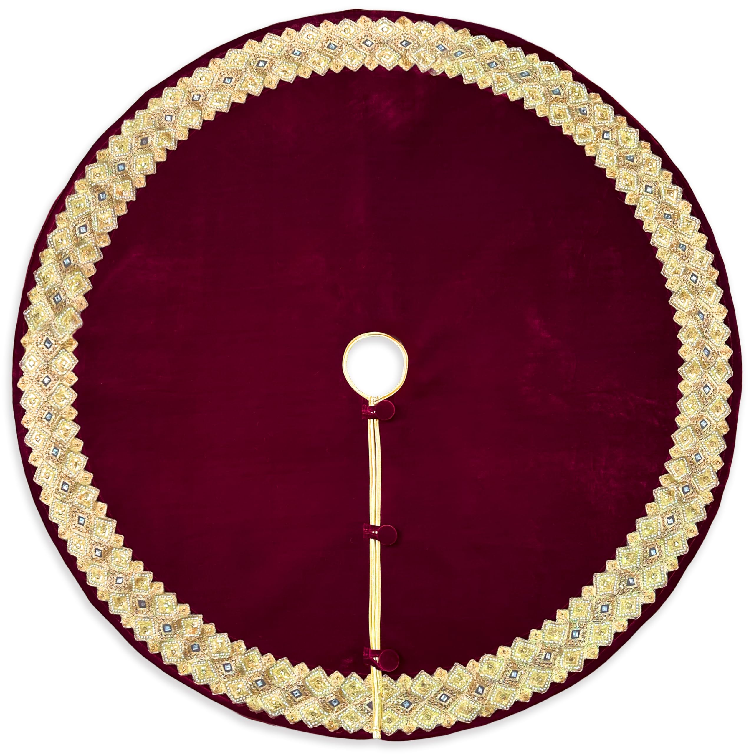 Starry Dynamo 72-Inch Venetian Gilded Christmas Tree Skirt in Velvet with Gold Jeweled Band, Burgundy