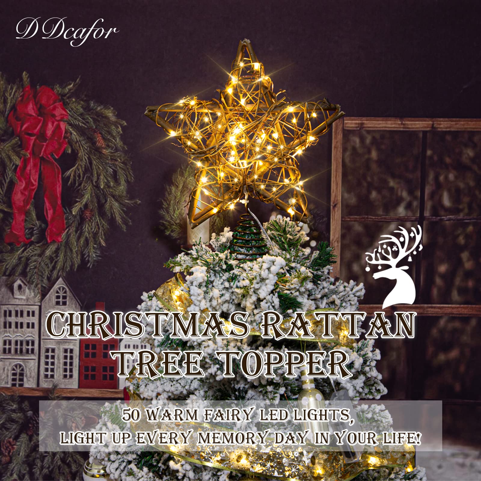 Rattan Natural Star Christmas Tree Topper - Rustic Farmhouse Xmas Treetop with 50 Warm LED Lights for Indoor Christmas Tree Deco