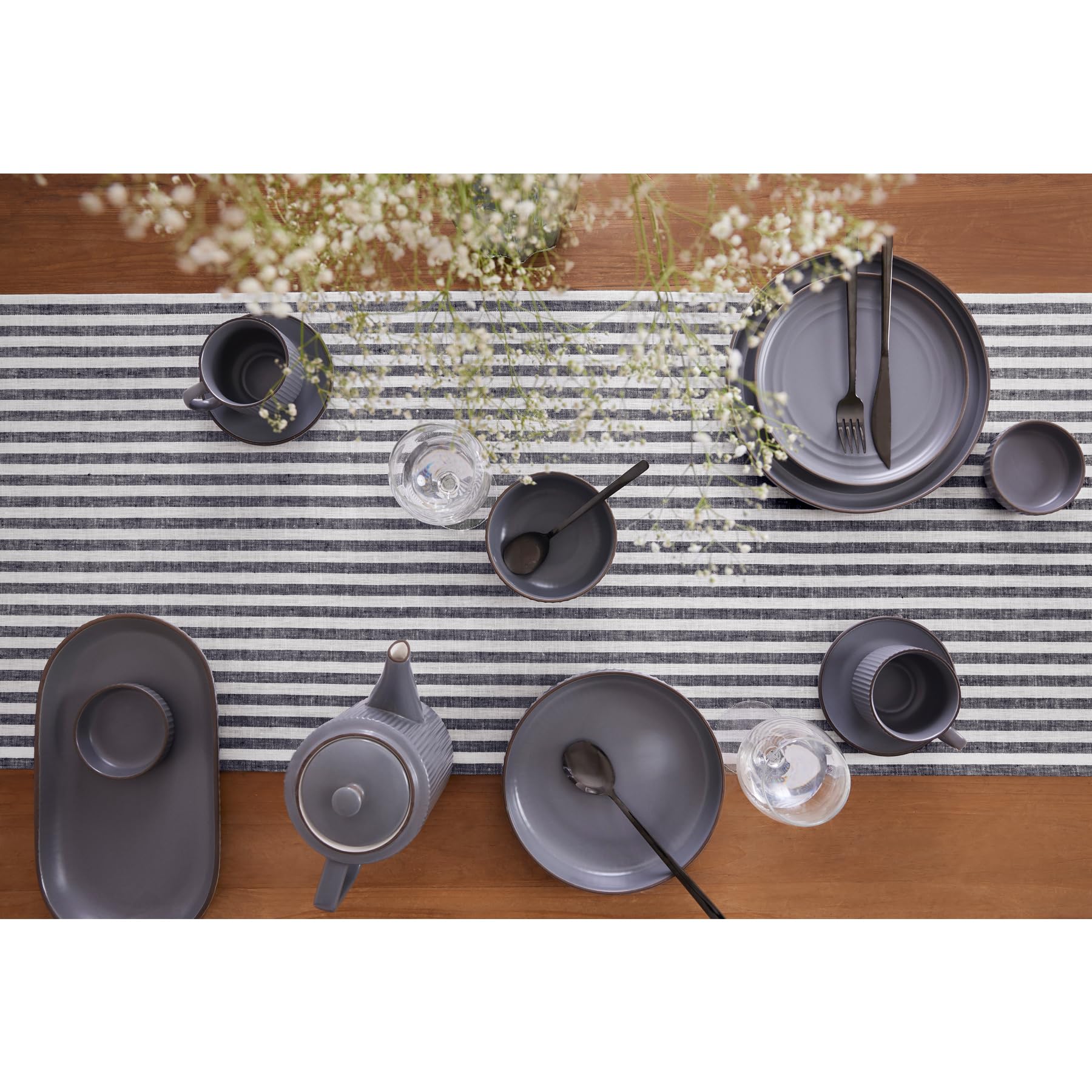 Solino Home Stripe Linen Table Runner 108 Inches Long - 100% Pure Linen Black And White Dining Table Runner 18 X 108 Inch Ideal