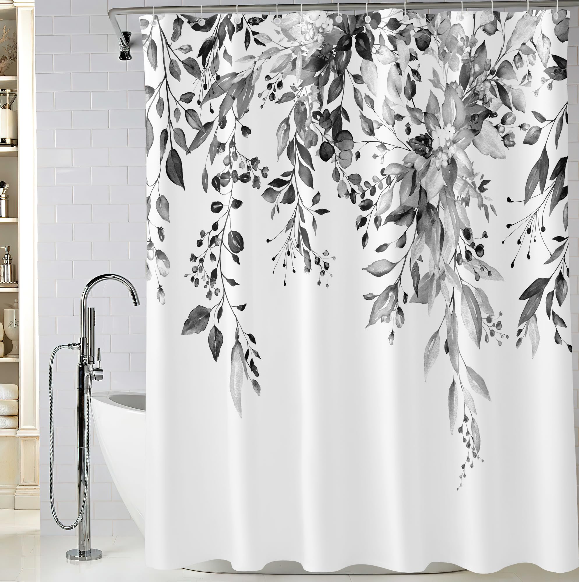 Bivinar Black And White Eucalyptus Leaves Shower Curtain, Watercolor Plant Floral Bathroom Shower Curtain, Fabric Waterproof Bot