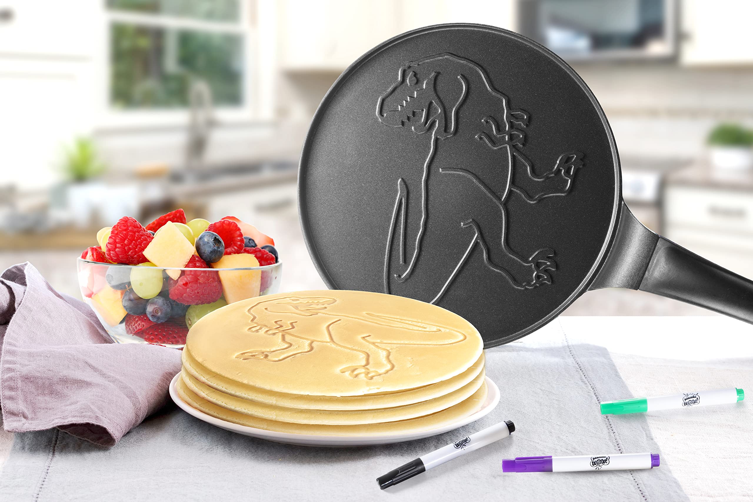 Jumbo Dinosaur Pancake Pan - Make Giant 10'' Jurassic Pancakes for Magical Kid's Dino Breakfast - Includes 6 Edible Markers For Added Family Fun - Non Stick Griddle  Cool Holiday Gift