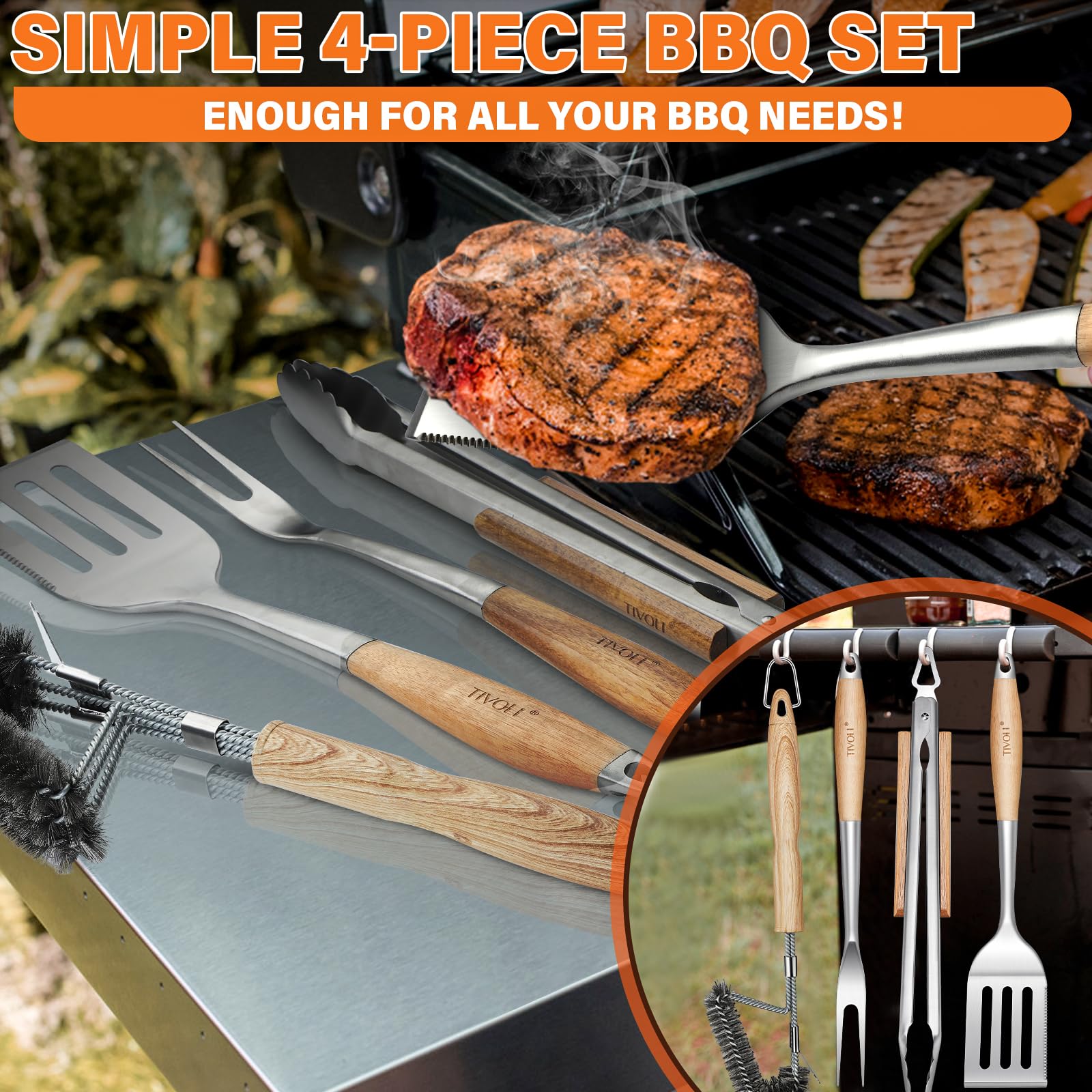 Tivoli Grill Set 4Pc Bbq Tools Set Grill Accessories With Bbq Spatula, Bbq Clips, Brushes, Bbq Forks Heavy Duty Grill Kit Grill