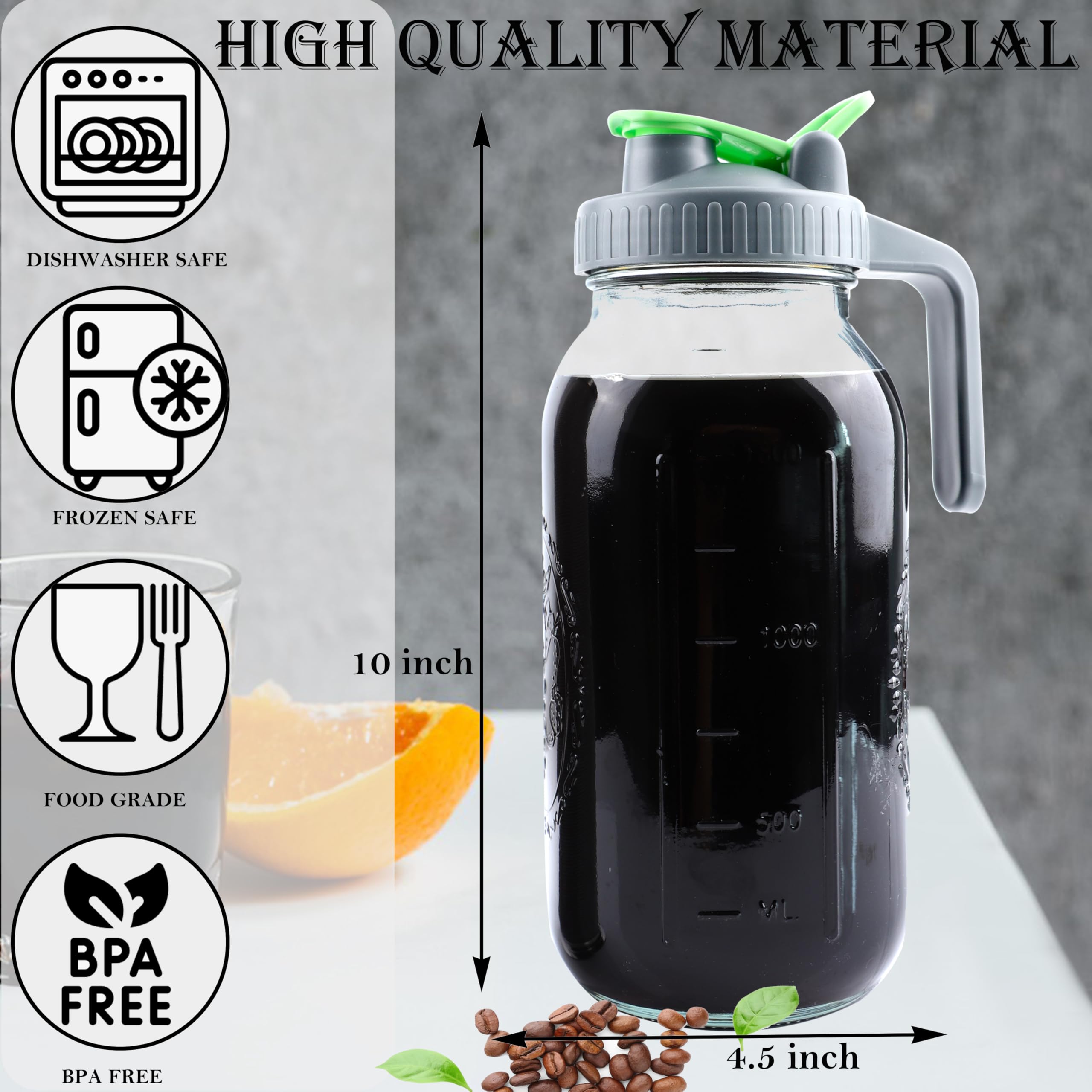 Cold Brew Coffee Maker 64 Oz Mason Jar Iced Tea Pitcher With Strainer 2 Set Half Gallon Glass Pitcher With Spout Lid 2 Quar Wate