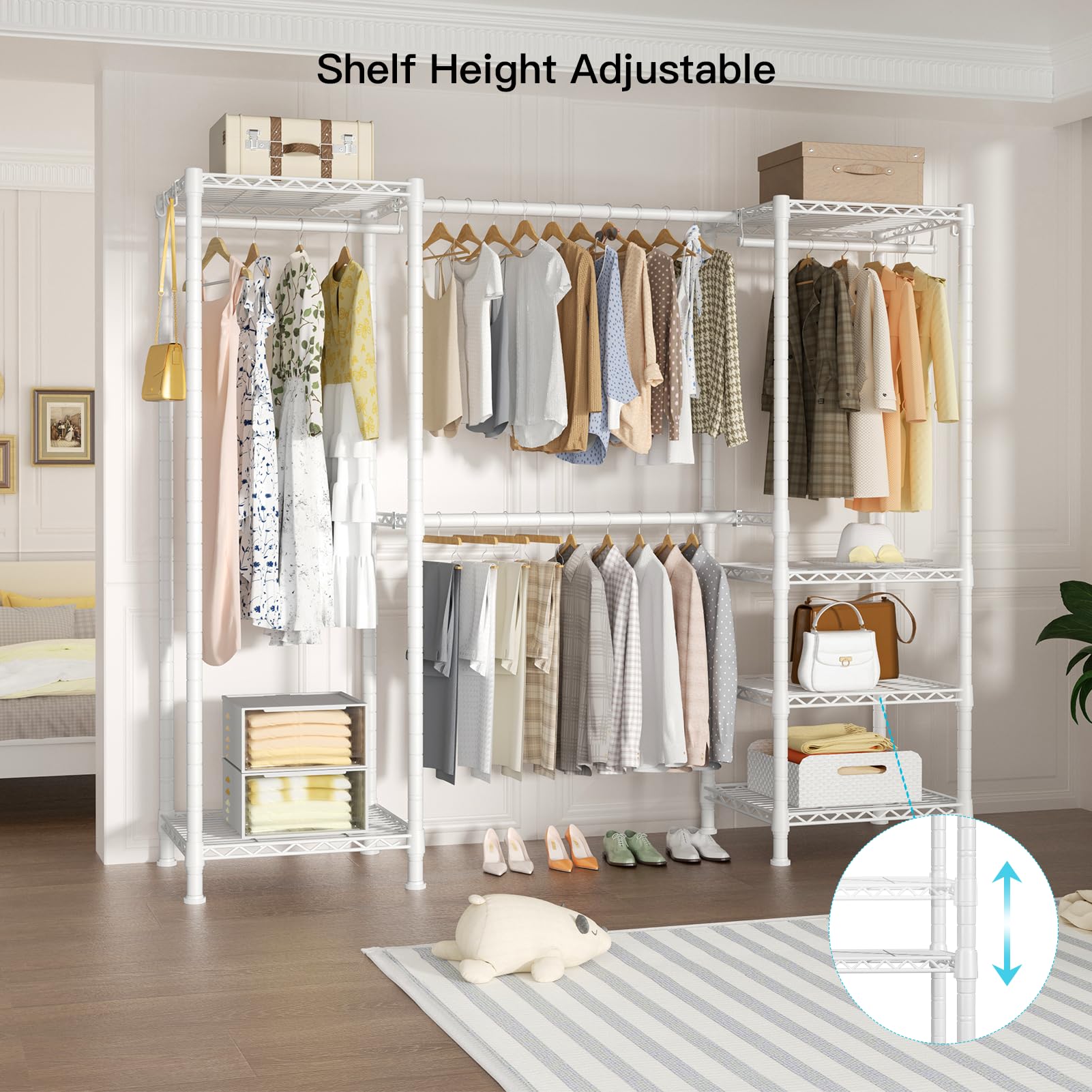Ulif E7 Heavy Duty Garment Rack, Clothes Organizer And Storage Rack With Expandable Hangers, Metal Clothing Rack With 6 Wire She