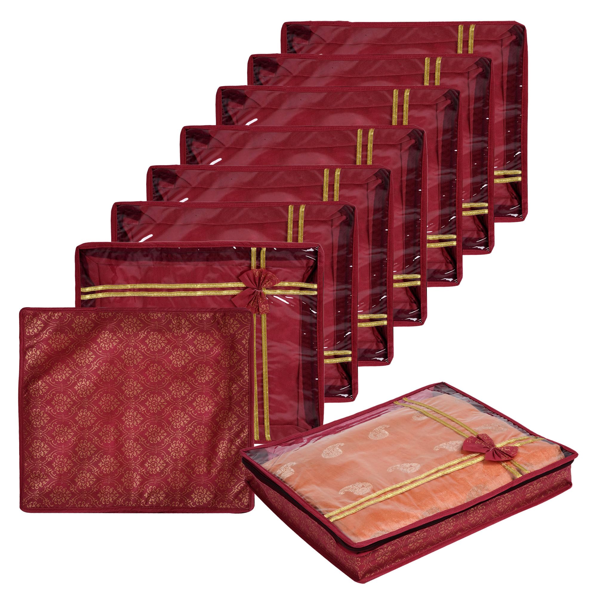 Kuber Industries Pack Of 9 Saree Storage Bag With Top Visible Window  3 Inch Clothes Organizer For Wardrobe  Bow Golden Printe