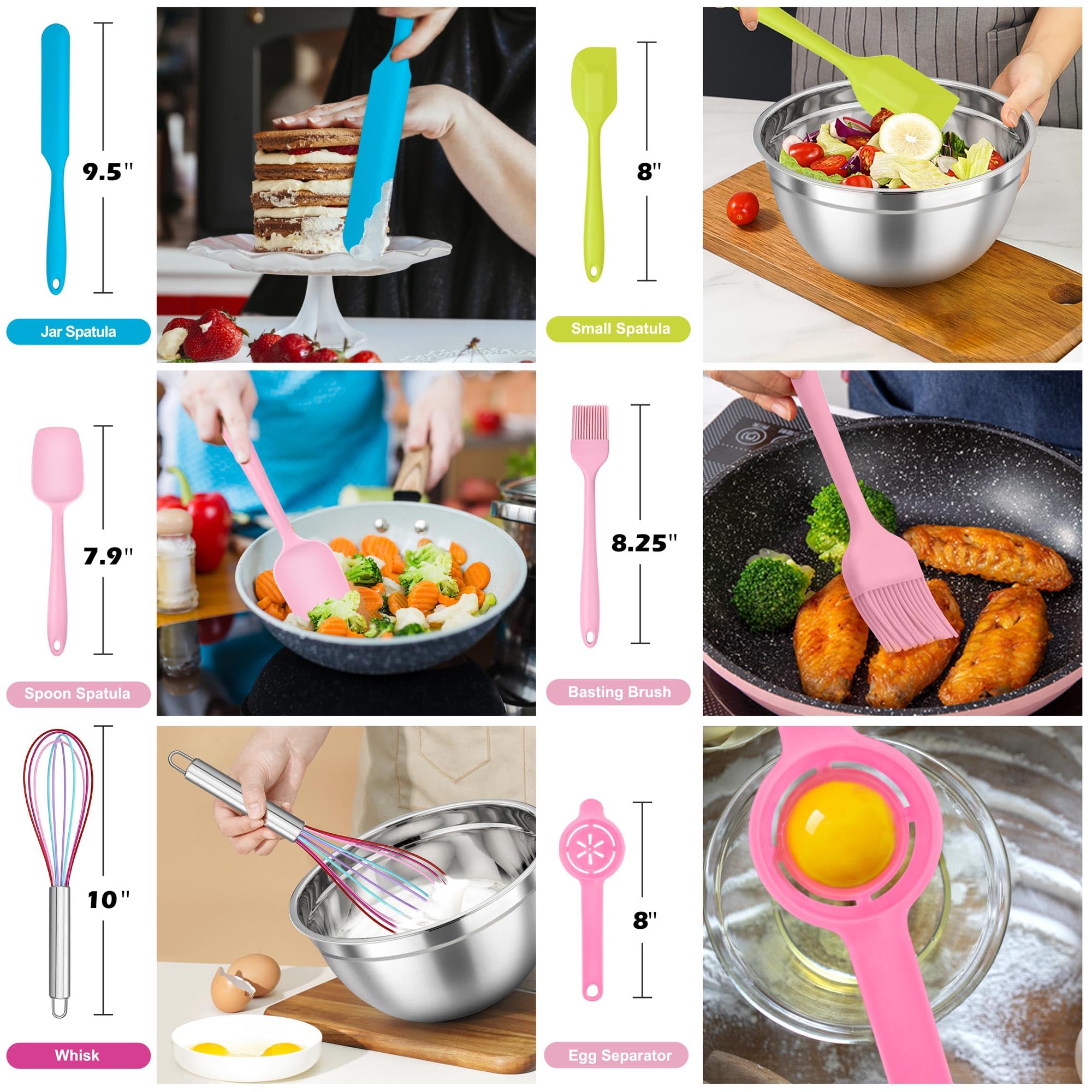 Teamfar Mixing Bowls With Lids Set Of 7, Stainless Steel Nesting Mixing Bowls Set With 16 Pcs Kitchen Utensils For Prepping Mixi