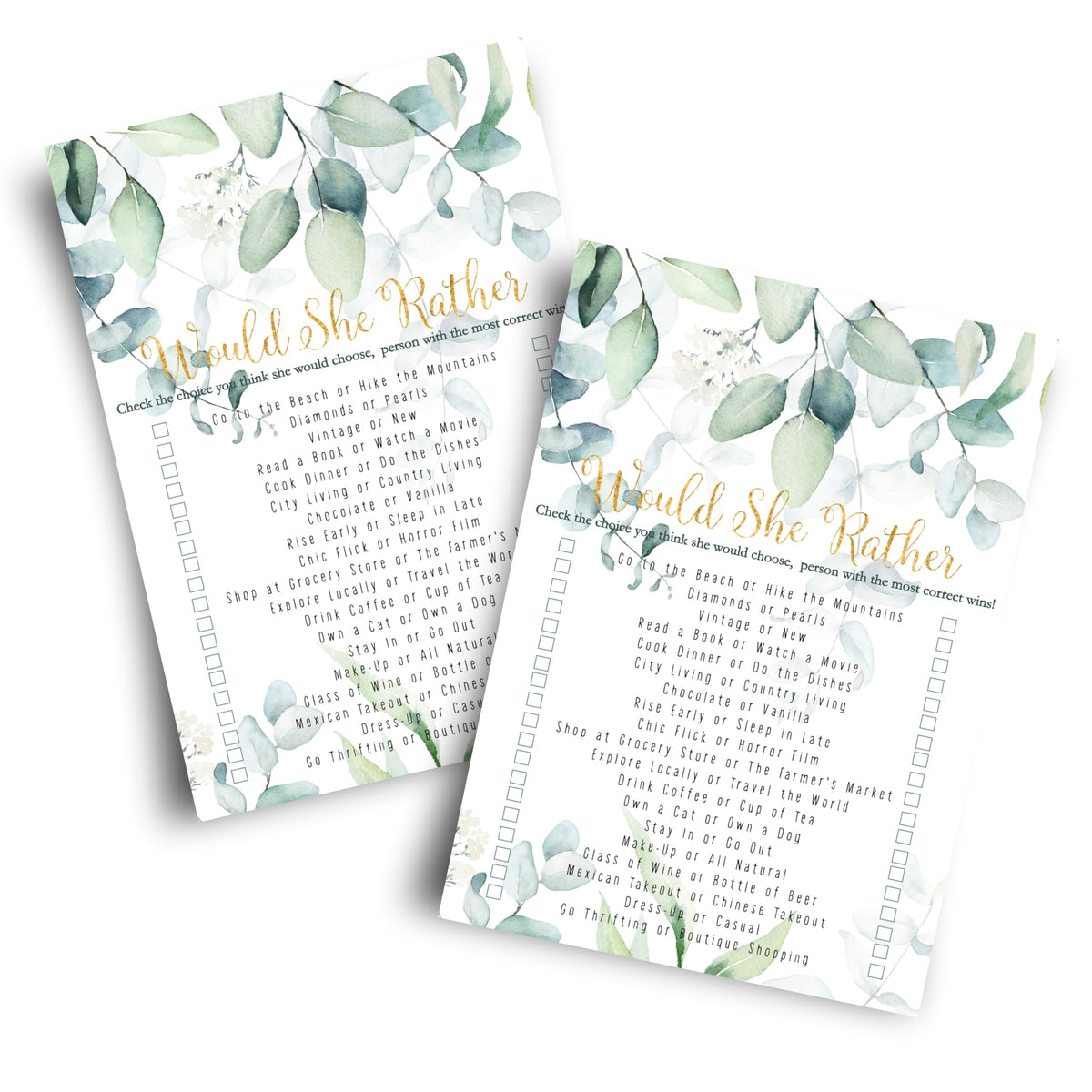 Greenery Bridal Shower Games - 25 Cards - Who Knows The Bride Best & Would She Rather - Rustic Botanical Designs For Wedding Rec