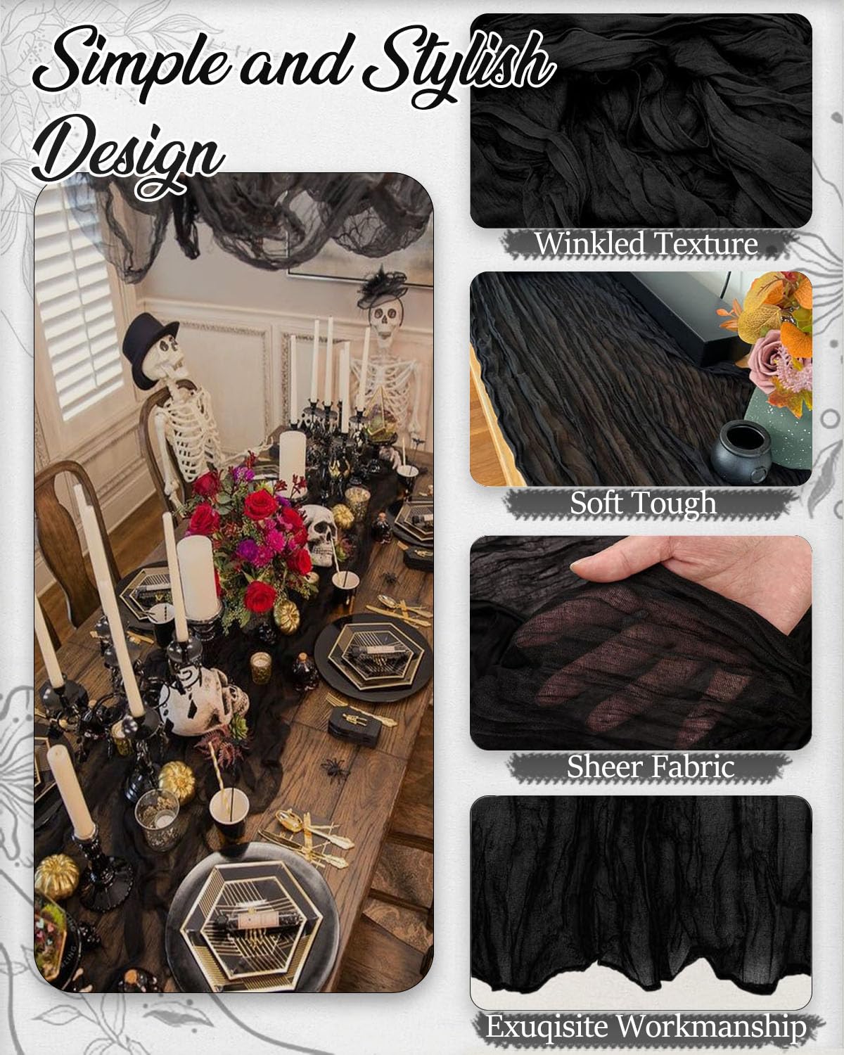 Fusenyuan Black Cheesecloth Table Runner 10Ft 5Pcs Rustic Gauze Table Runner 120 Inches Long For Boho Wedding Bridal Shower Baby