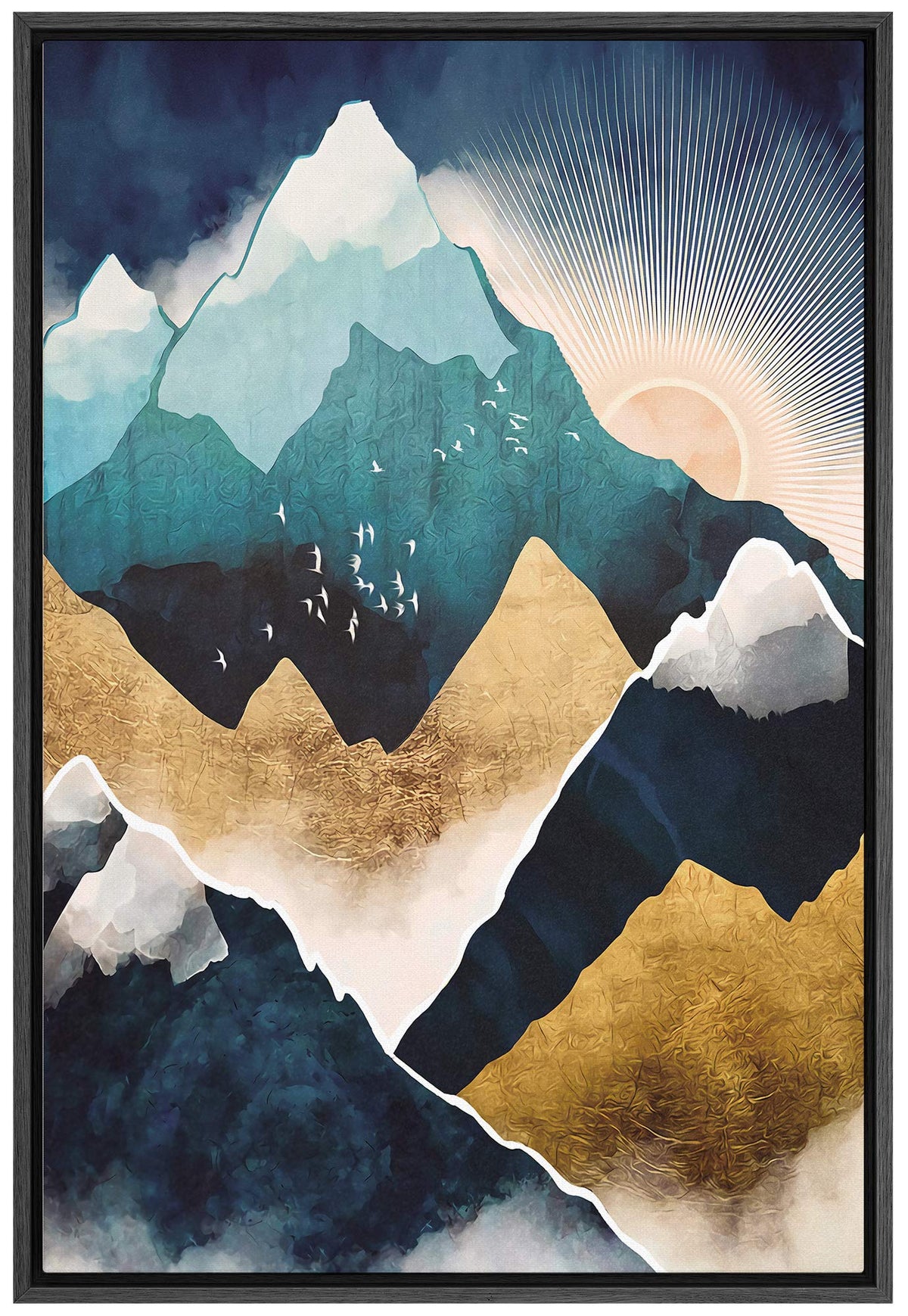 Signford Framed Canvas Print Wall Art Teal & Gold Mountains In The Clouds Abstract Wilderness Illustrations Modern Art Contempor