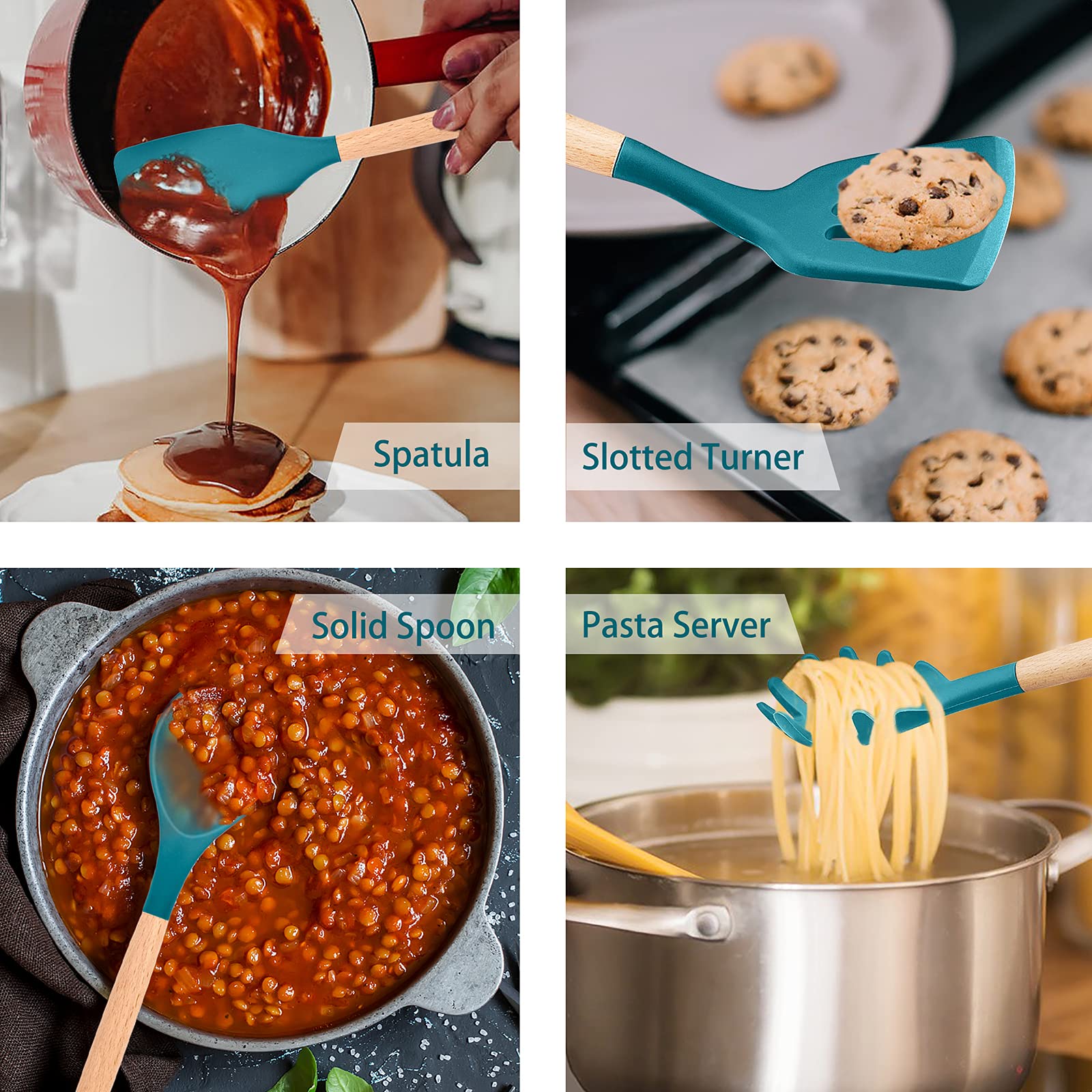 12Pcs Cooking Kitchen Utensils, P&P Chef Silicone Utensil Head With Wooden Handle, Turner, Ladle, Spoon, Spatula, Tong, Heat-Res