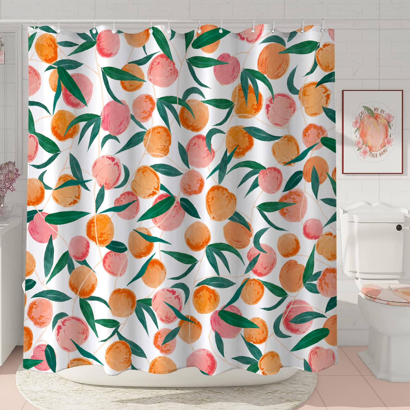 Lifeel Peach Shower Curtain, Allover Fruits Cute Bright Colorful Design Waterproof Fabric Bathroom Curtains Set With 12 Hooks, P