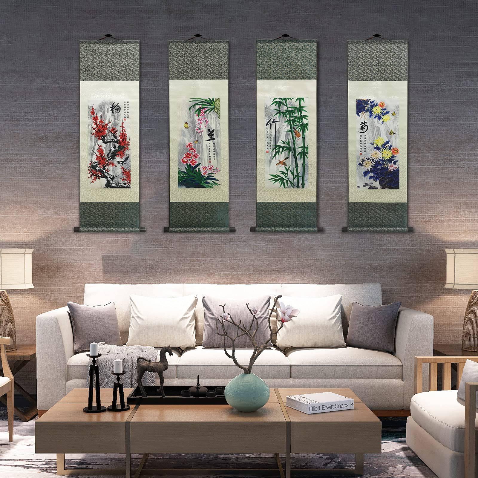 Atfart Asian Wall Decor Beautiful Silk Scroll Painting 4 Righteous Men Flowers - Plum Orchid Bamboo Chrysanthemum Oriental Decor