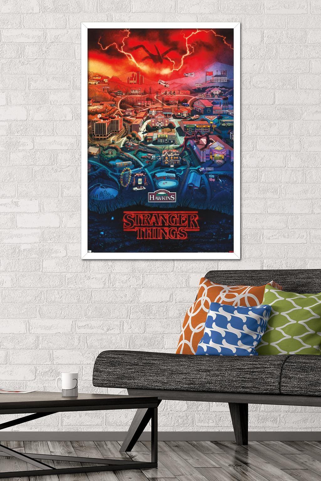 Trends International Netflix Stranger Things: Season 4 - Hawkins, Indiana Wall Poster, 22.375'' X 34'', White Framed Version