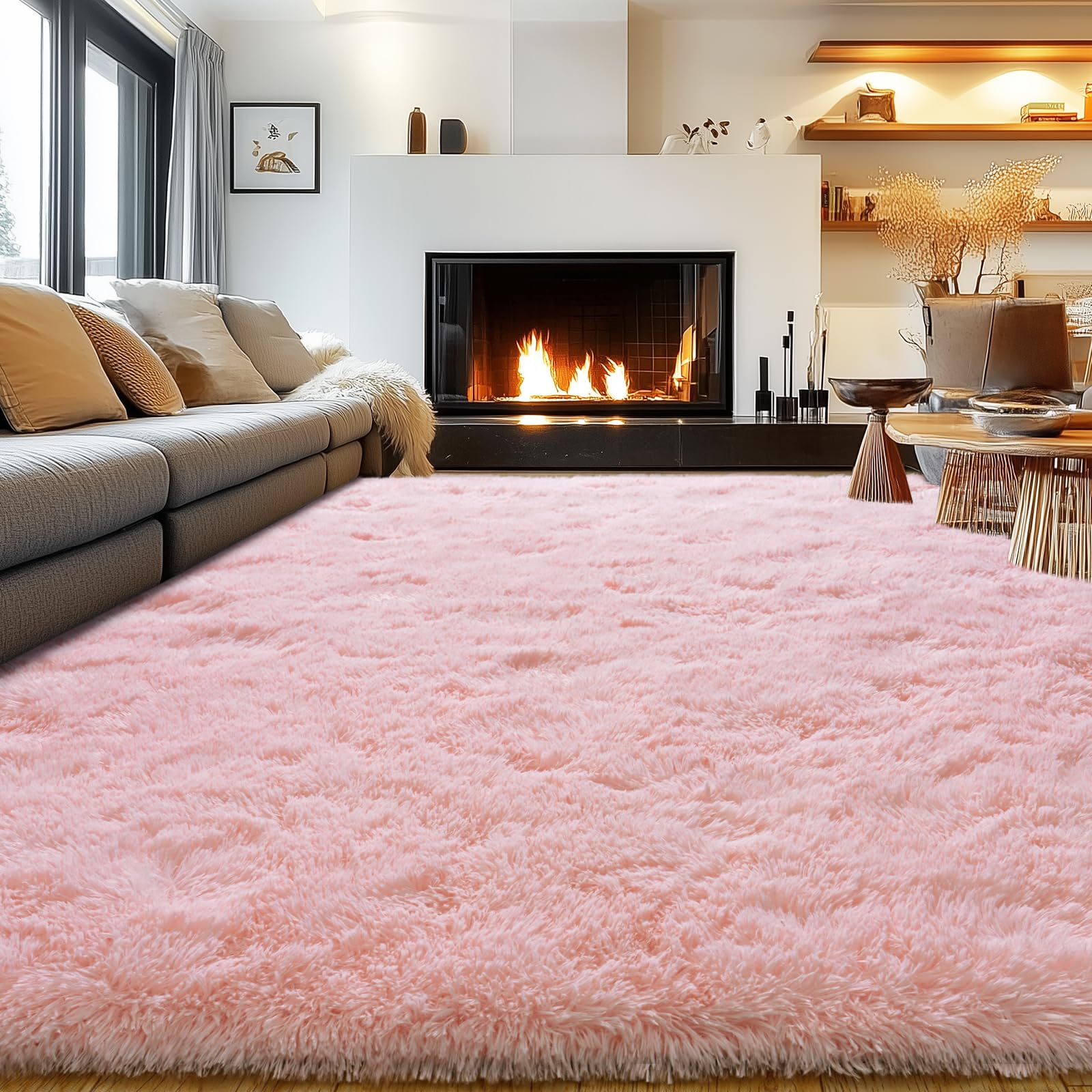 Ultra Soft Pink Rugs for Bedroom 8x10 Feet, Fluffy Shag Area Rugs for Living Room, Large Comfy Furry Rug for Girls Kids Baby Roo
