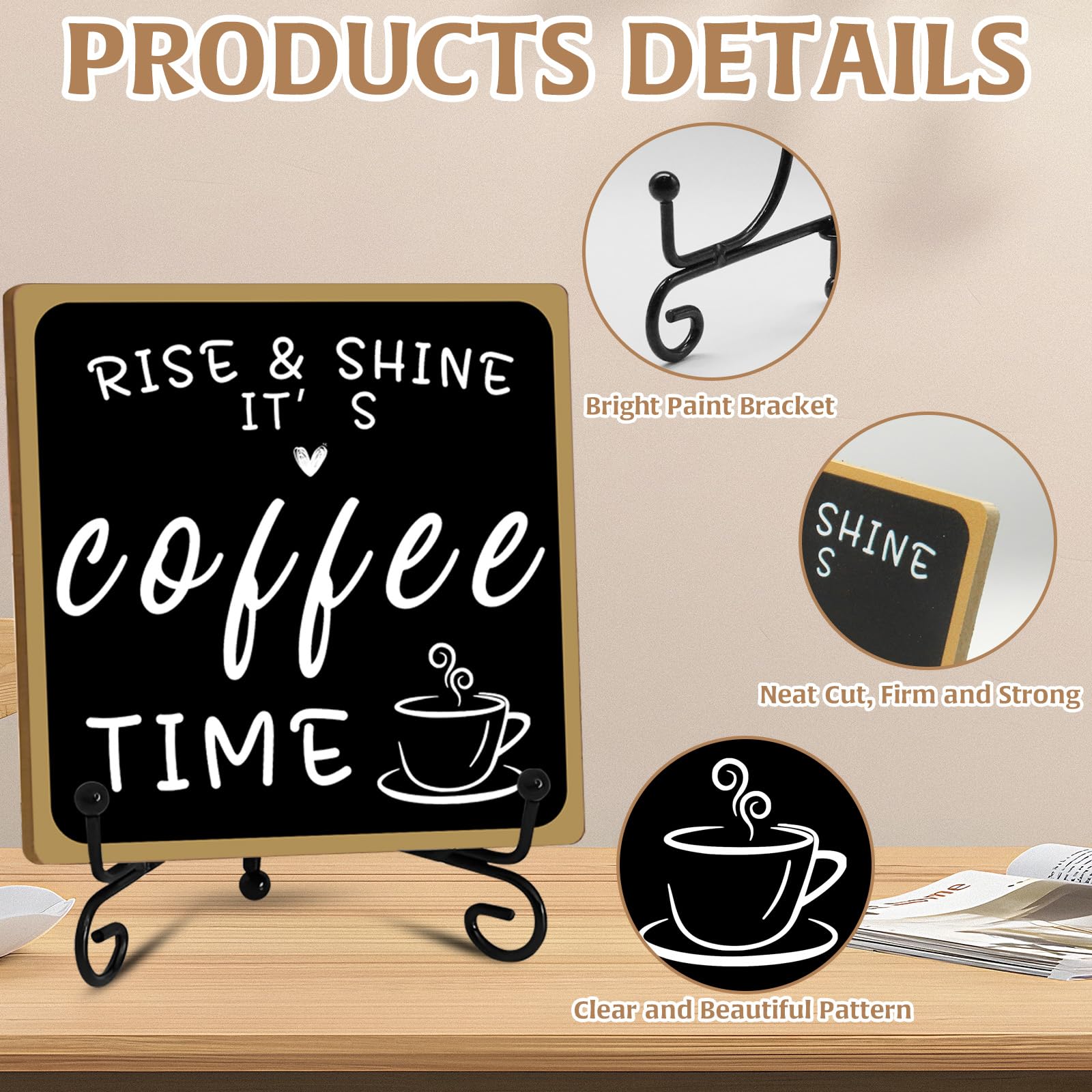 Wooden Coffee Bar Sign Coffee Bar Decor, Coffee Bar Decorations Black and White with Iron Stand Bar Tabletop Shelf Accessories,