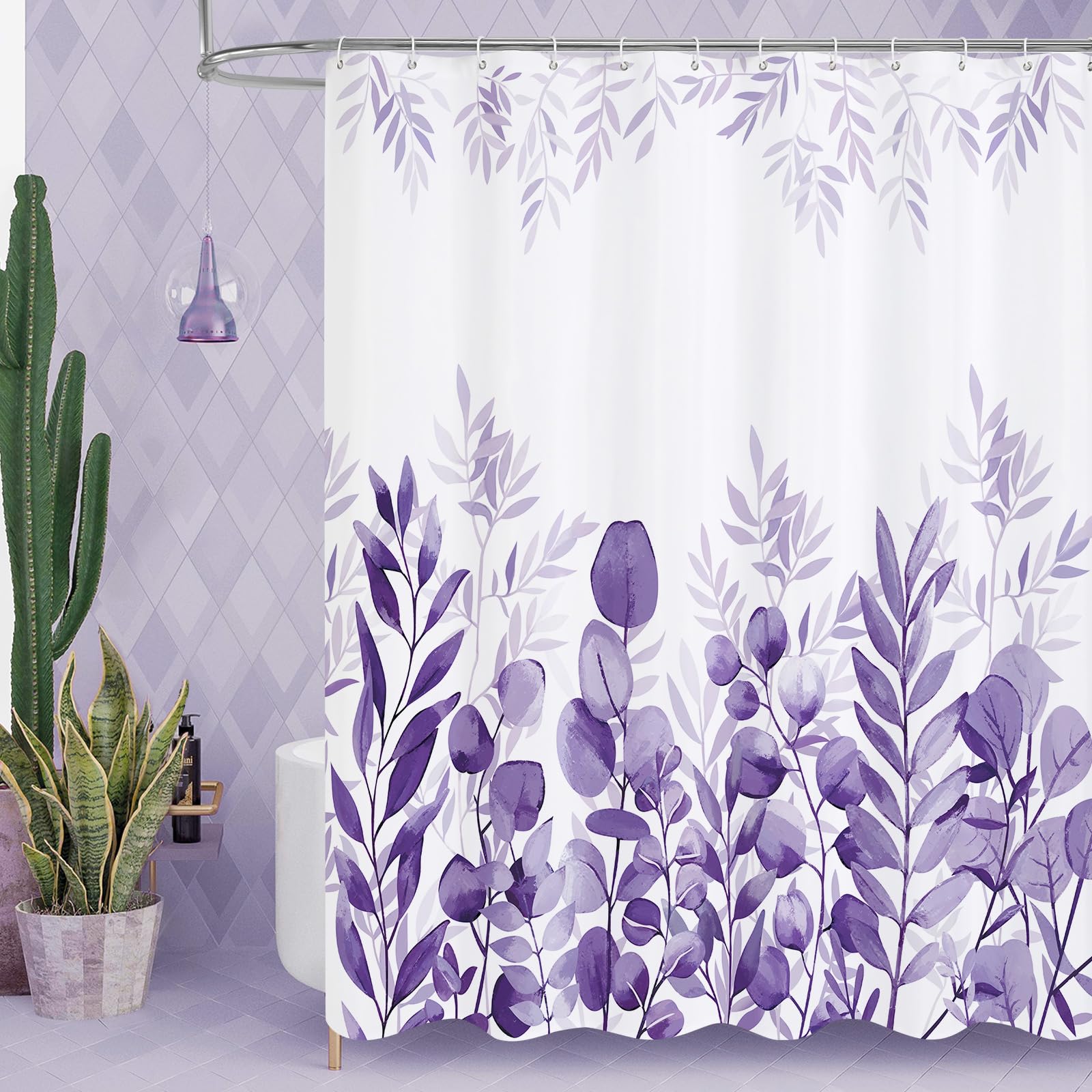 Mitovilla Purple Eucalyptus Shower Curtain, Plant Leaves Fabric Cloth Shower Curtains For Rustic Vintage Bathroom Decor, Modern