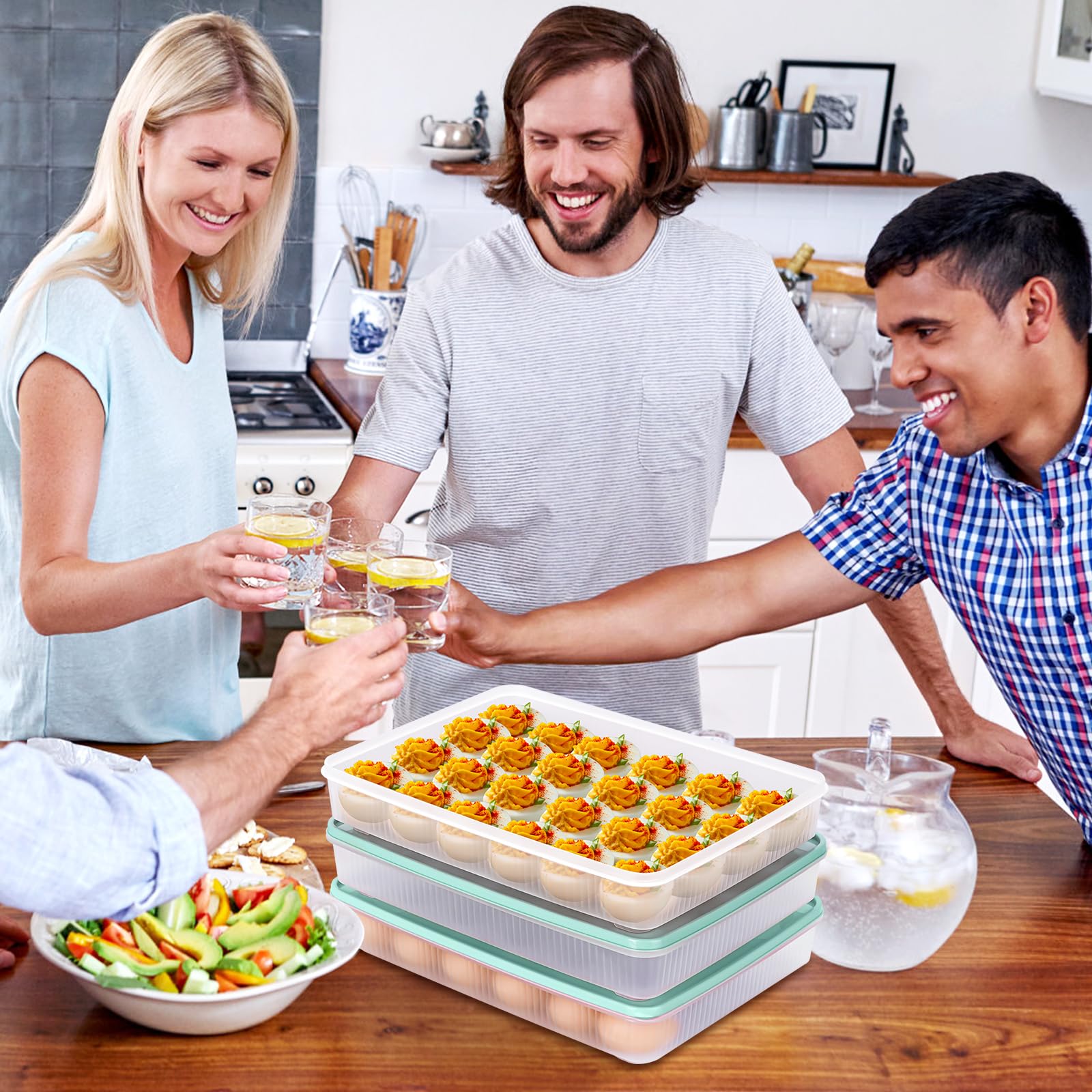 3 Pack Deviled Egg Containers with Lid and 8 Pcs Deviled Egg Injector Piping Tool, Egg Organizer for Refrigerator, Fridge Stacka