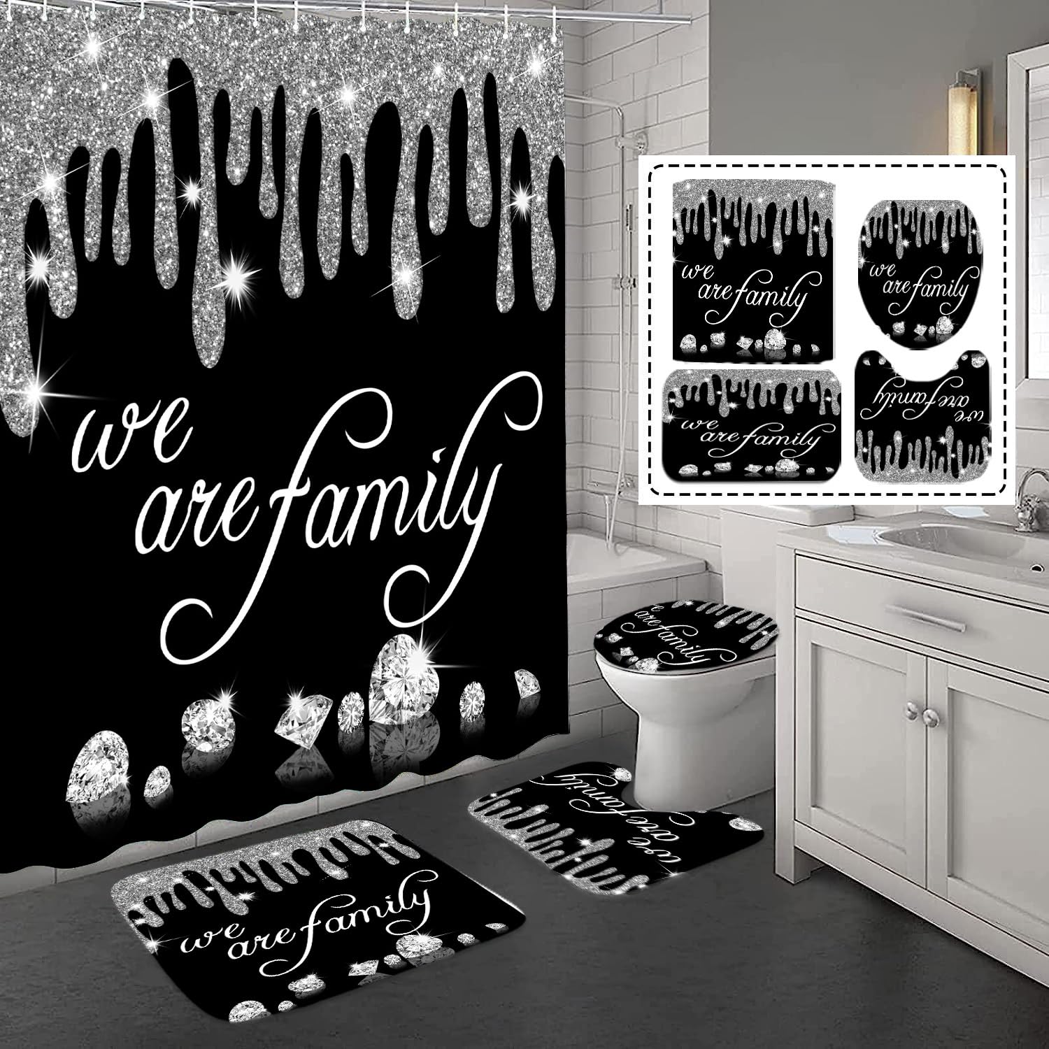 4Pcs Family Glitter Diamond Shower Curtain Sets, Black Famliy Shower Curtain With Toilet Lid Cover And Rugs, Luxury Bling Shiny