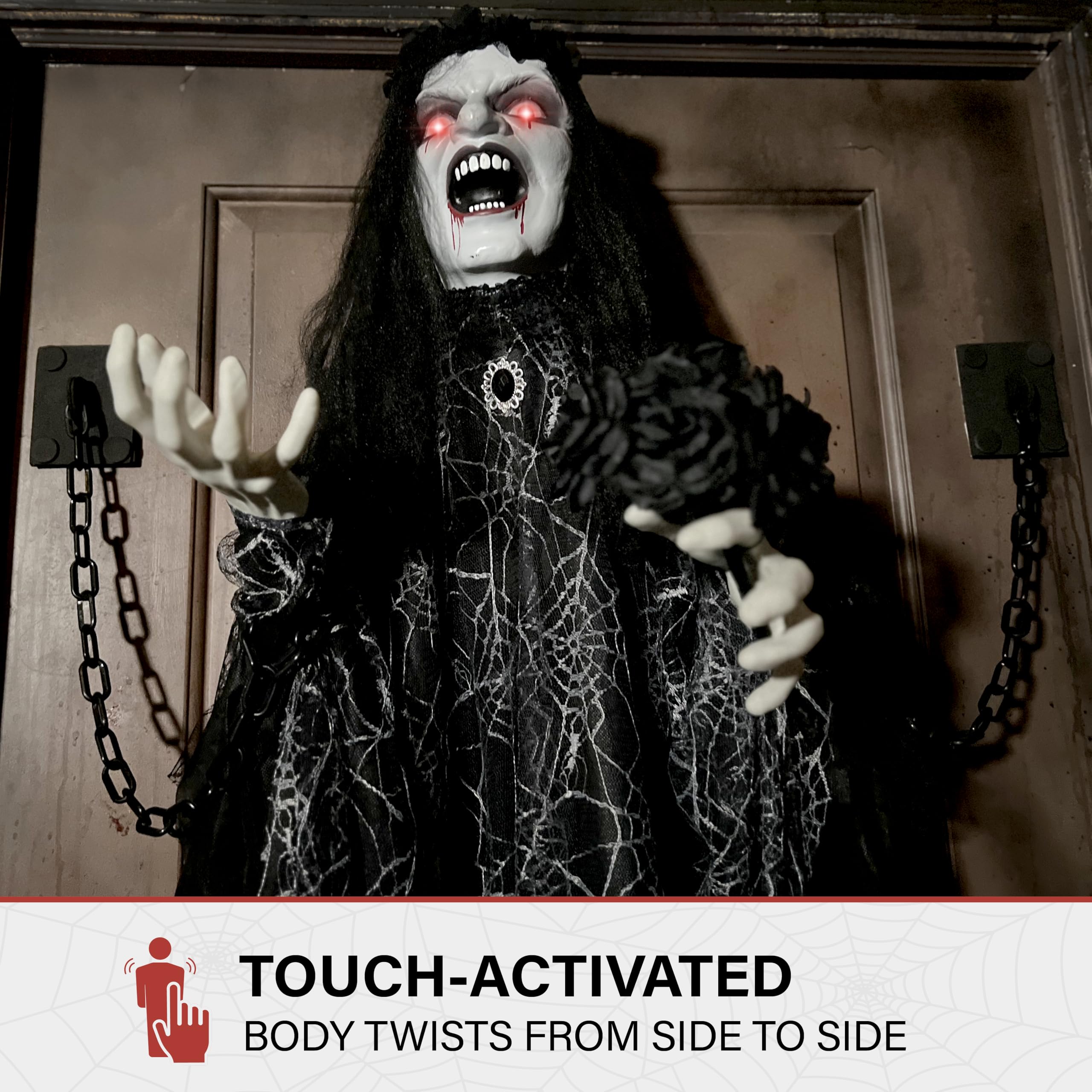 Haunted Hill Farm 4.3-Ft Animatronic Scary Demon Widow Door Greeter with Touch Activated Lights and Sound, Battery-Operated Indo