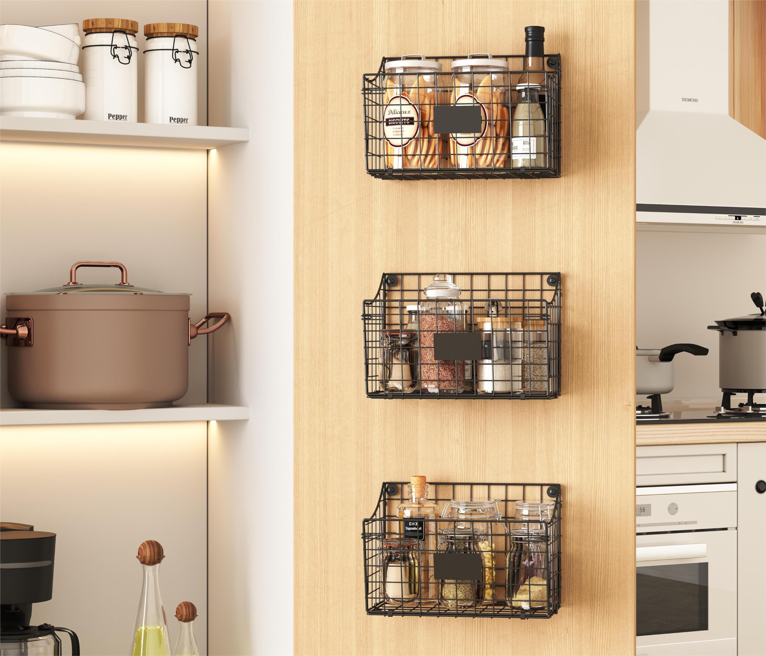 Wall Mounted Bin Basket With 5 Hooks 3 Label Plate Adhesive-3 Pack, Cabinet Hanging Metal Wire Basket,Rustic Farmhouse Decor, St