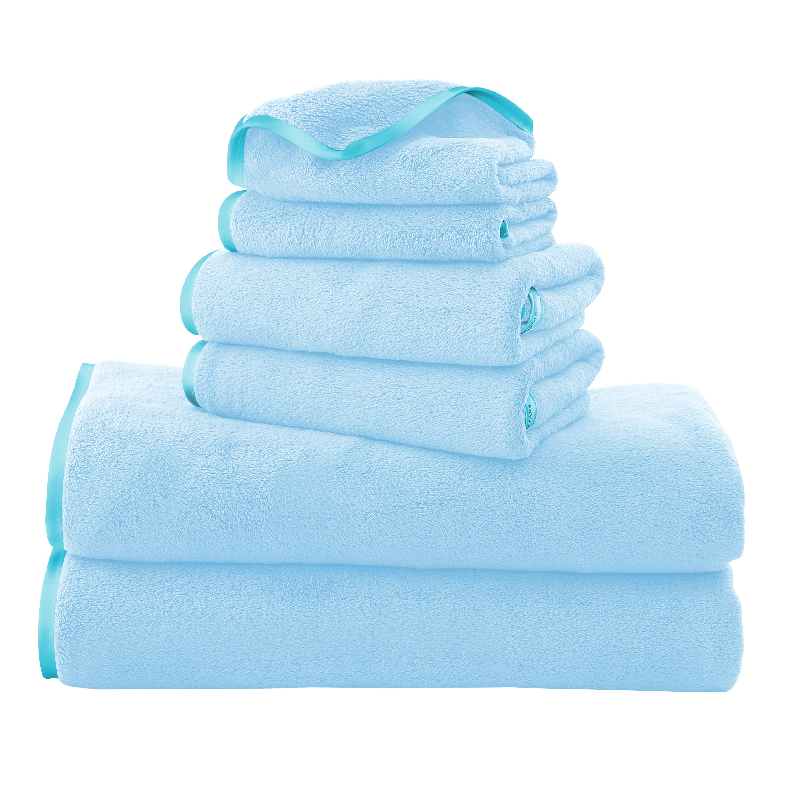Tenstars Luxury Silk Hemming Towel Set - Light Thin Quick Drying - 2 Bath Towels 2 Hand Towels 2 Washcloths - Ultra Soft Microfi