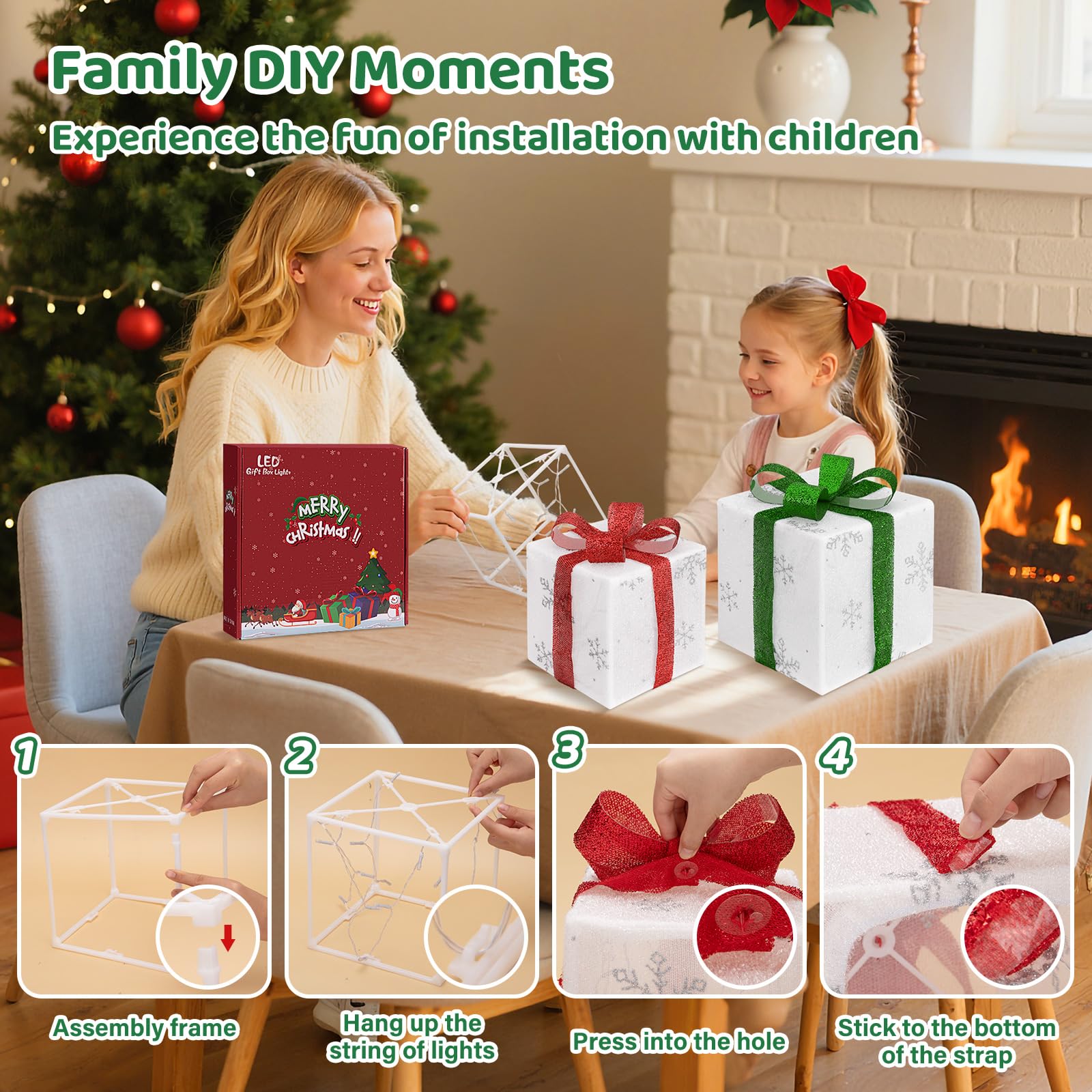 Attmu Set of 3 Christmas Lighted Gift Boxes, 102 LED Light Up Battery Operated Gift Present Boxes, 16ft Christmas Tree Ribbon &