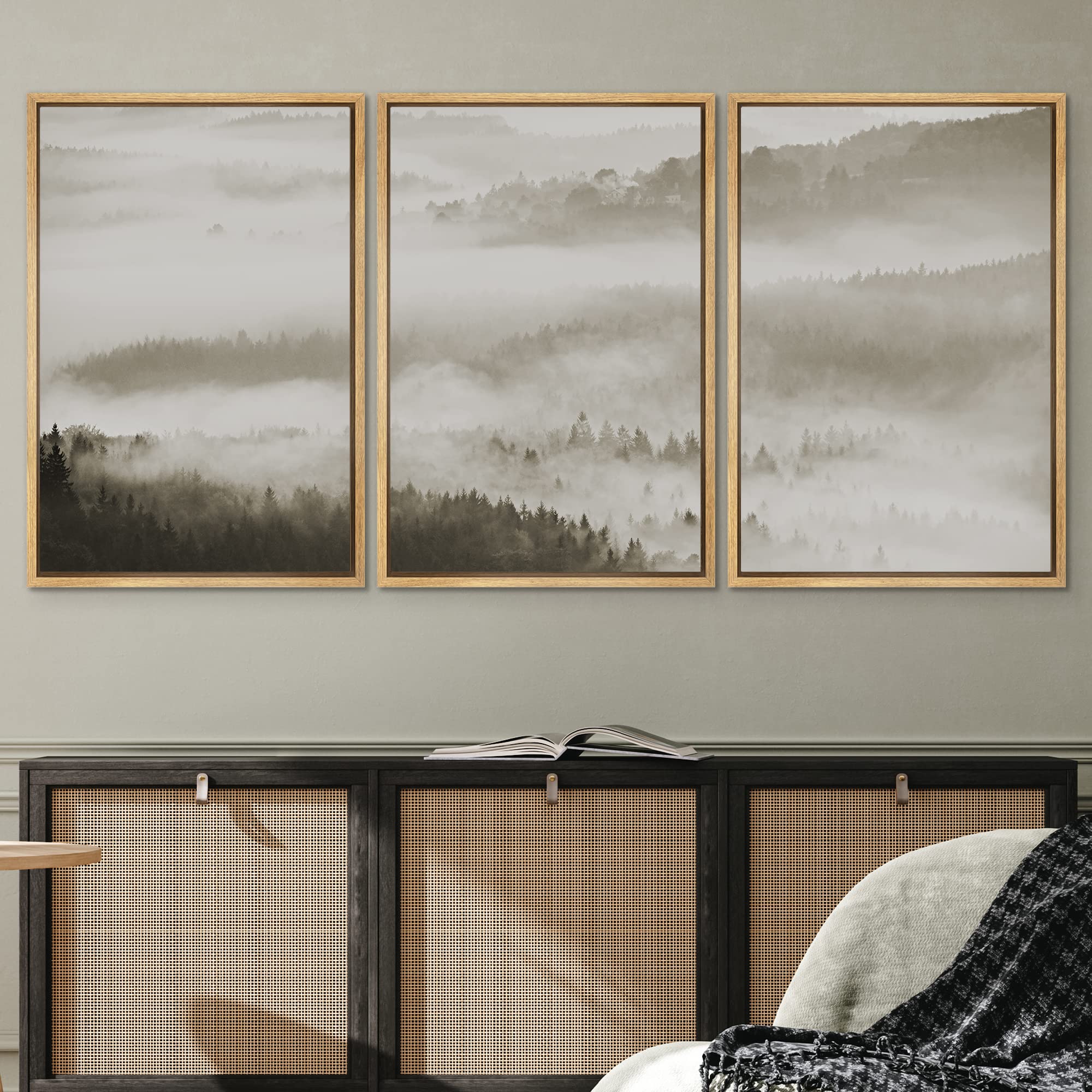 Signwin Framed Canvas Print Wall Art Woodland Nursery Decor Set Aerial View Black White Misty Mountain Nature Modern Art Rustic