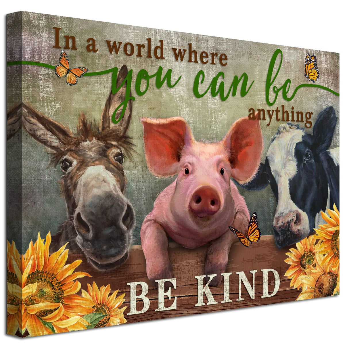 Wowgoomo Rustic Farm Cow Pig Donkey Wall Art Be Kind Movitational Wall Art For Office Farmhouse Animal Picture Print On Canvas P